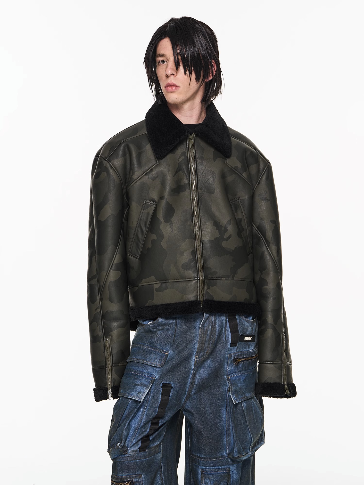 BLINDNOPLAN 23AW SHORT OVERSIZED CAMOUFLAGE SHEARLING COAT