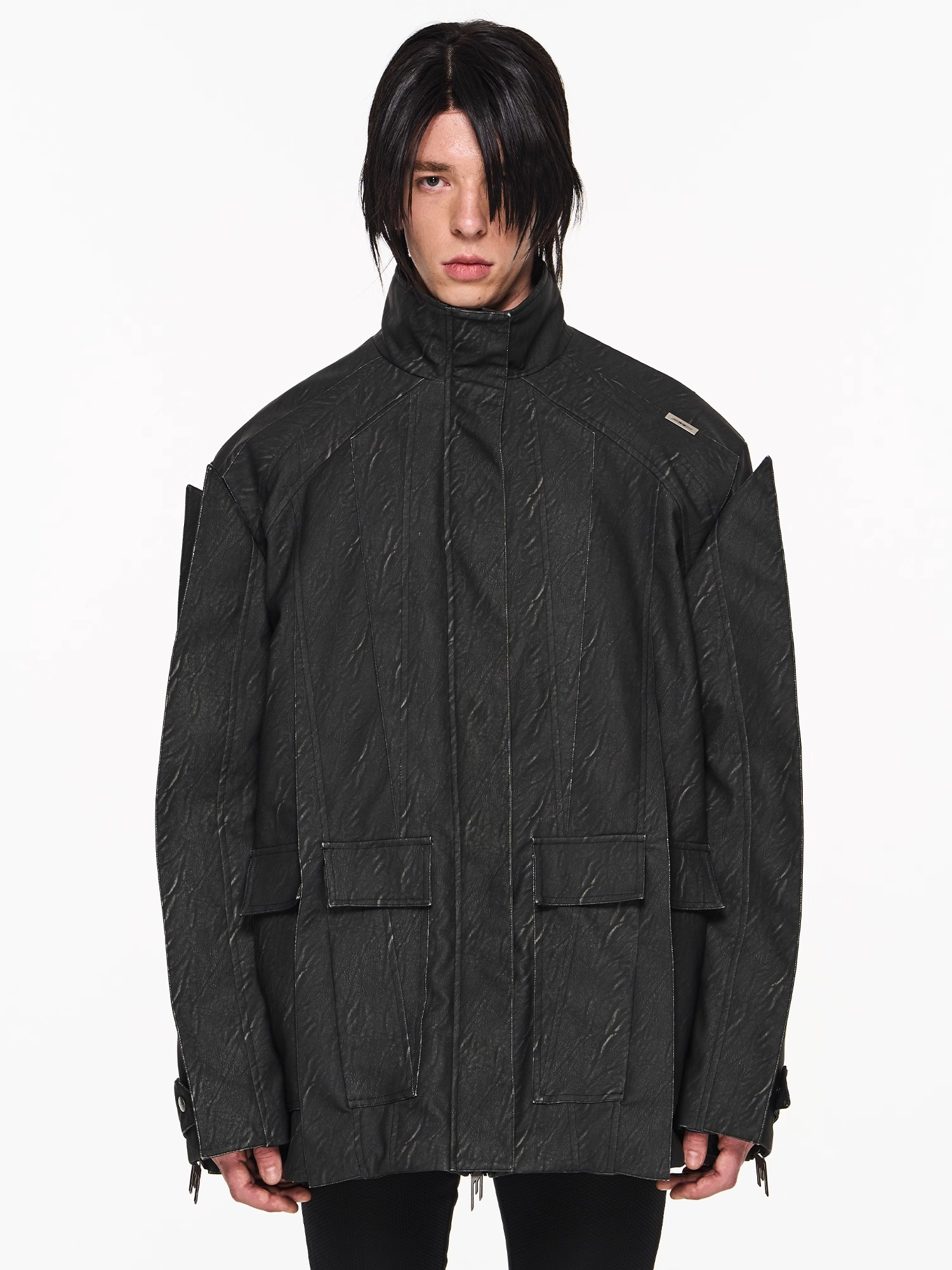 BLINDNOPLAN 23AW Multi-panel Asymmetrical Blade Washed Cotton-padded Leather Jacket