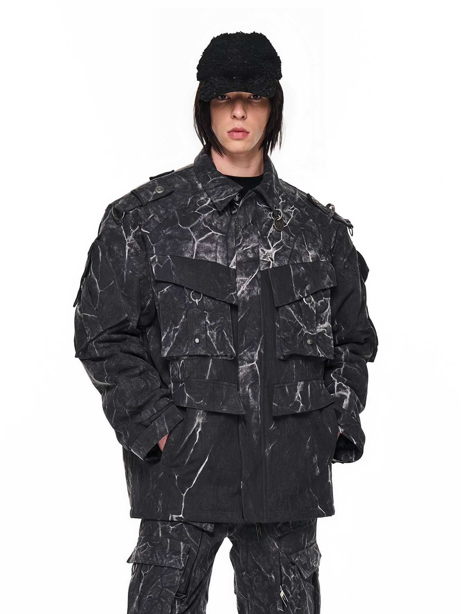 BLINDNOPLAN 23AW Psychedelic Washed Pocket Heavy Metal Work Cotton-padded Jacket