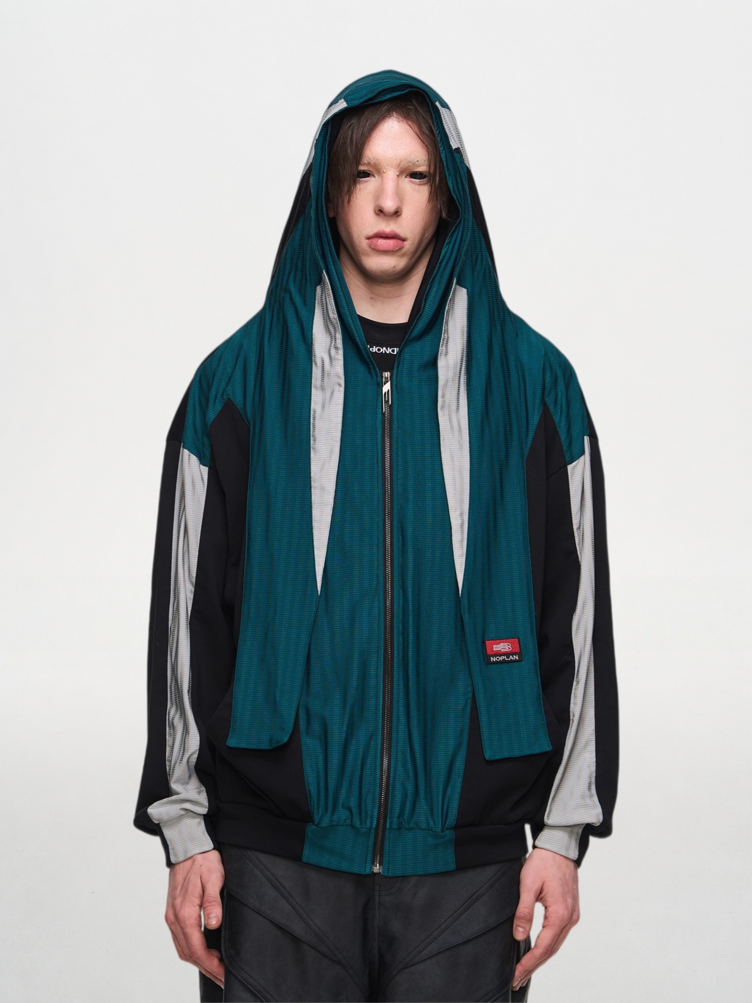 Color-blocked Mesh Sports Overlay Hoodie