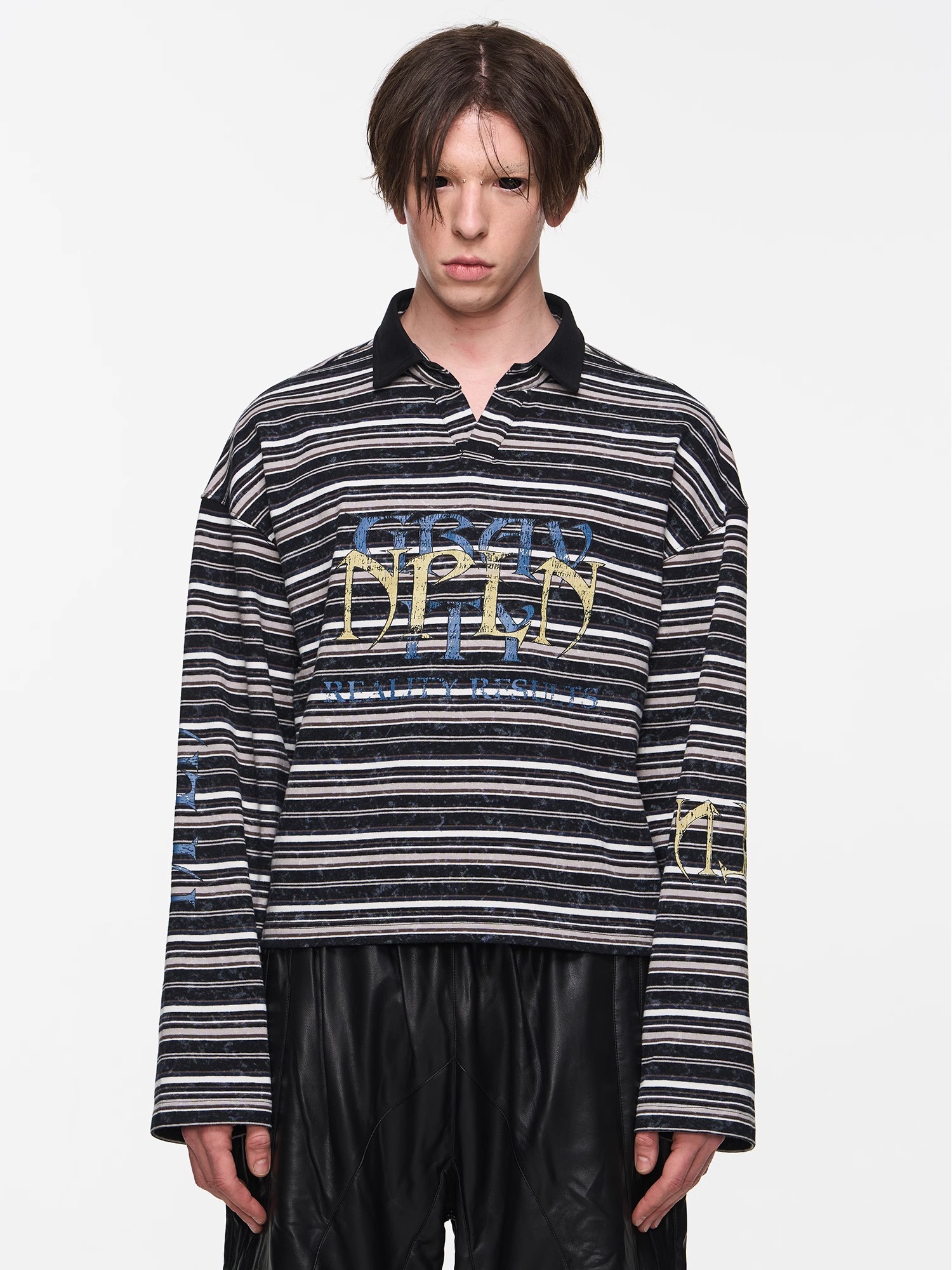 BLINDNOPLAN 24SS Washed and Distressed Striped Polo Shirt