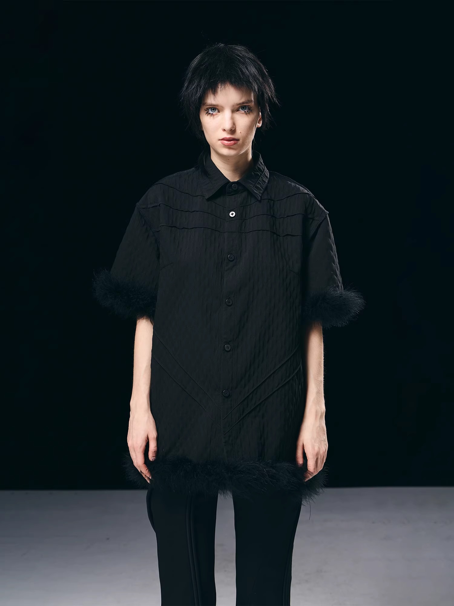 BORON ATOMS 23SS Black Raw Edge 3D Line Shirt