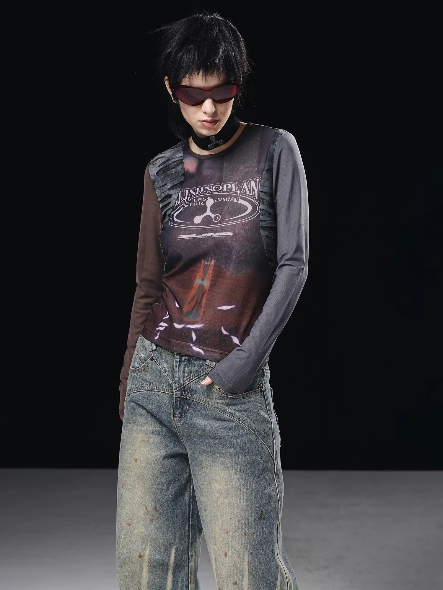 BORON ATOMS 23SS Mesh Patchwork Floral Print Round Neck Long Sleeve T-shirt