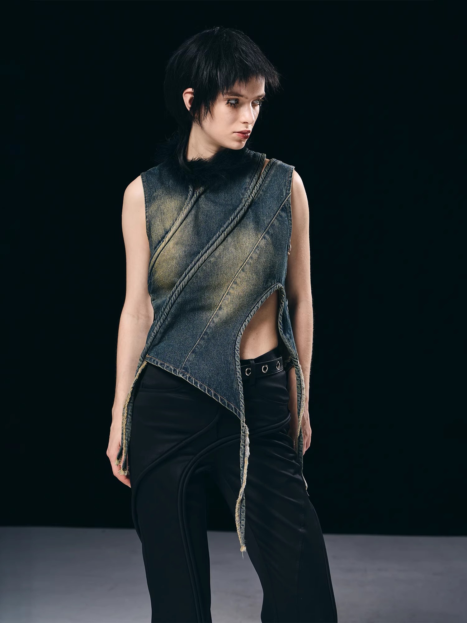 BORON ATOMS 23SS Surrounding 3D Rope Hollow-out Denim Tank