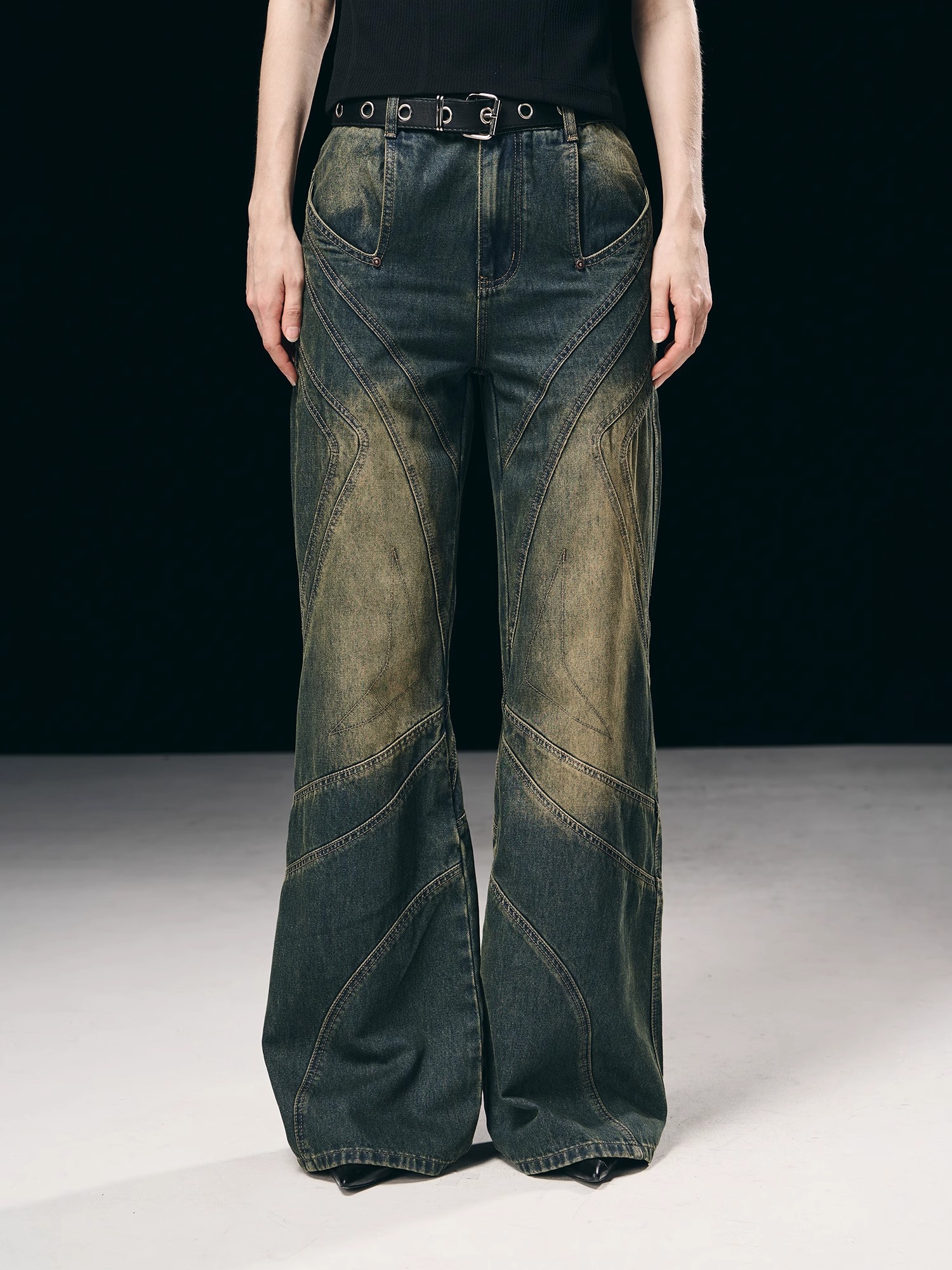 BORON ATOMS 23SS Patchwork Striped Flared Jeans