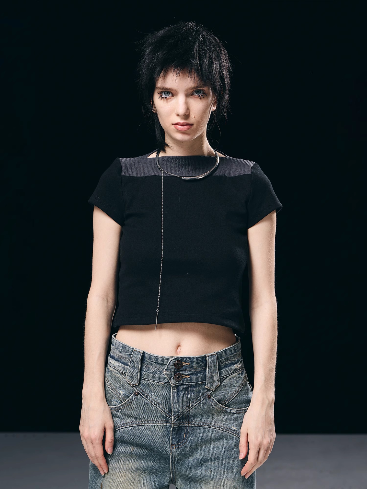 BORON ATOMS 23SS Textured Straight Collar Patchwork T-shirt