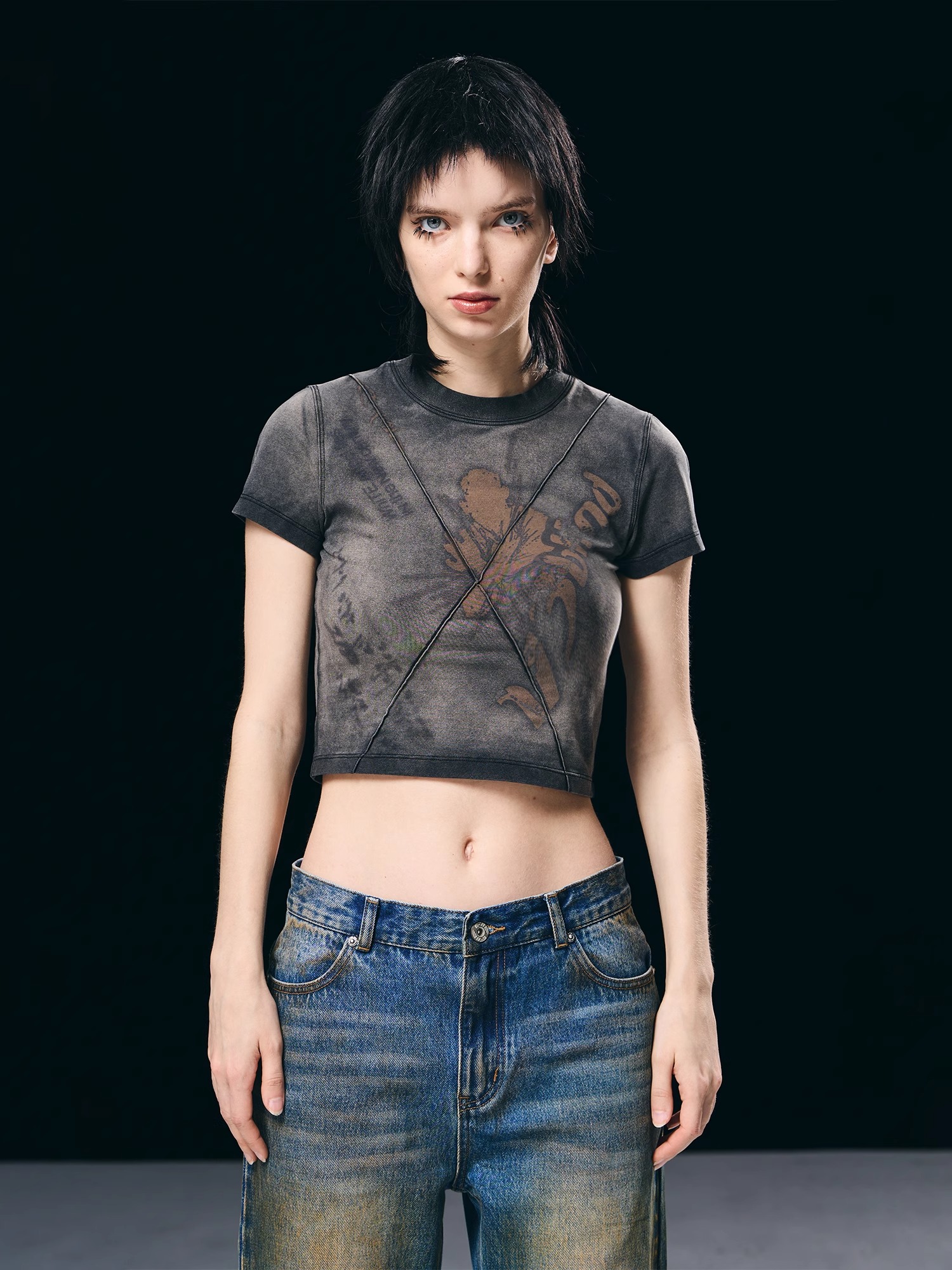 BORON ATOMS 23SS Heavy-duty Washed Distressed Printed 3D Lines T-shirt