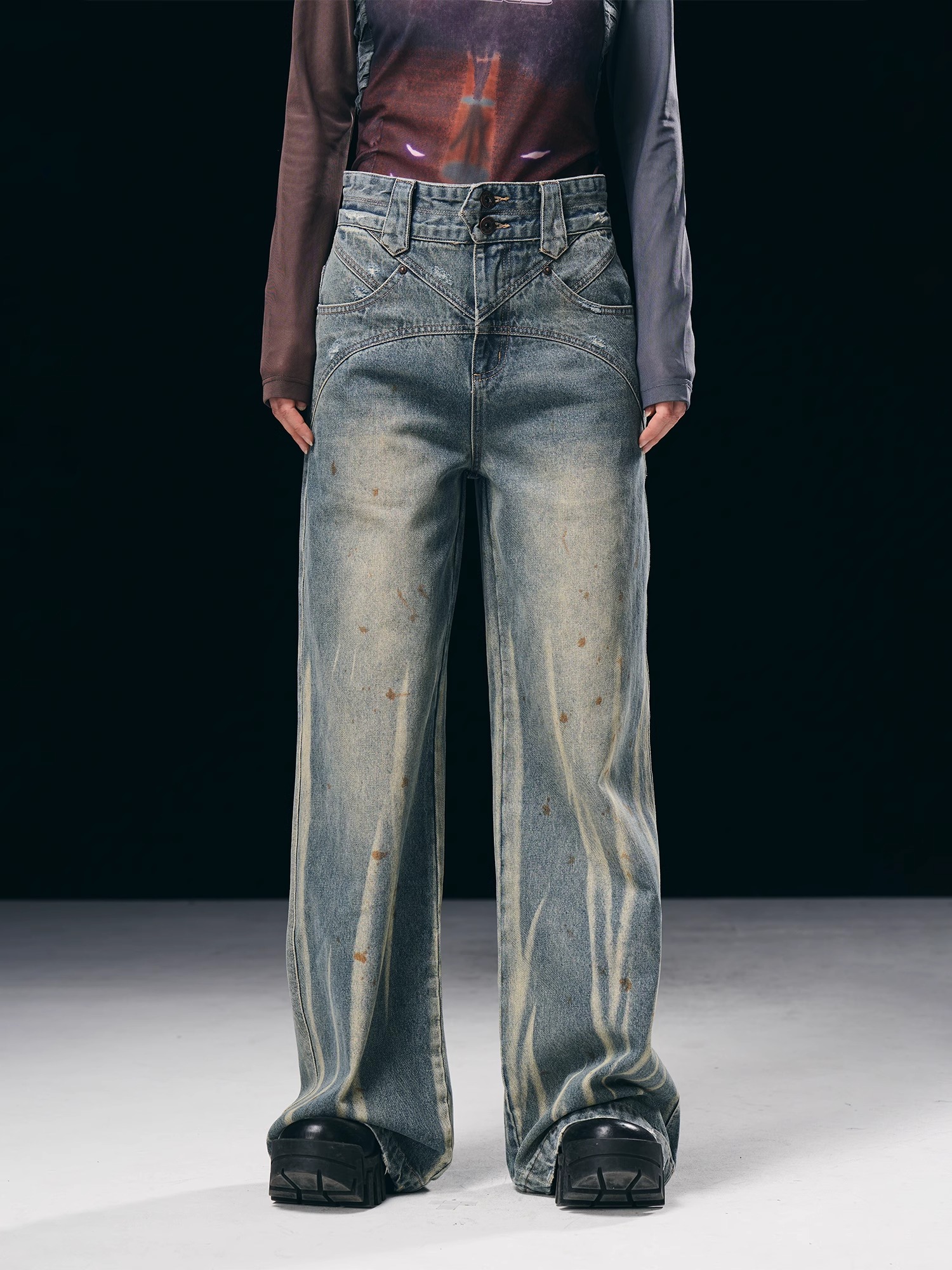 BORON ATOMS 23SS Washed and Distressed Pinstripe Denim Jeans