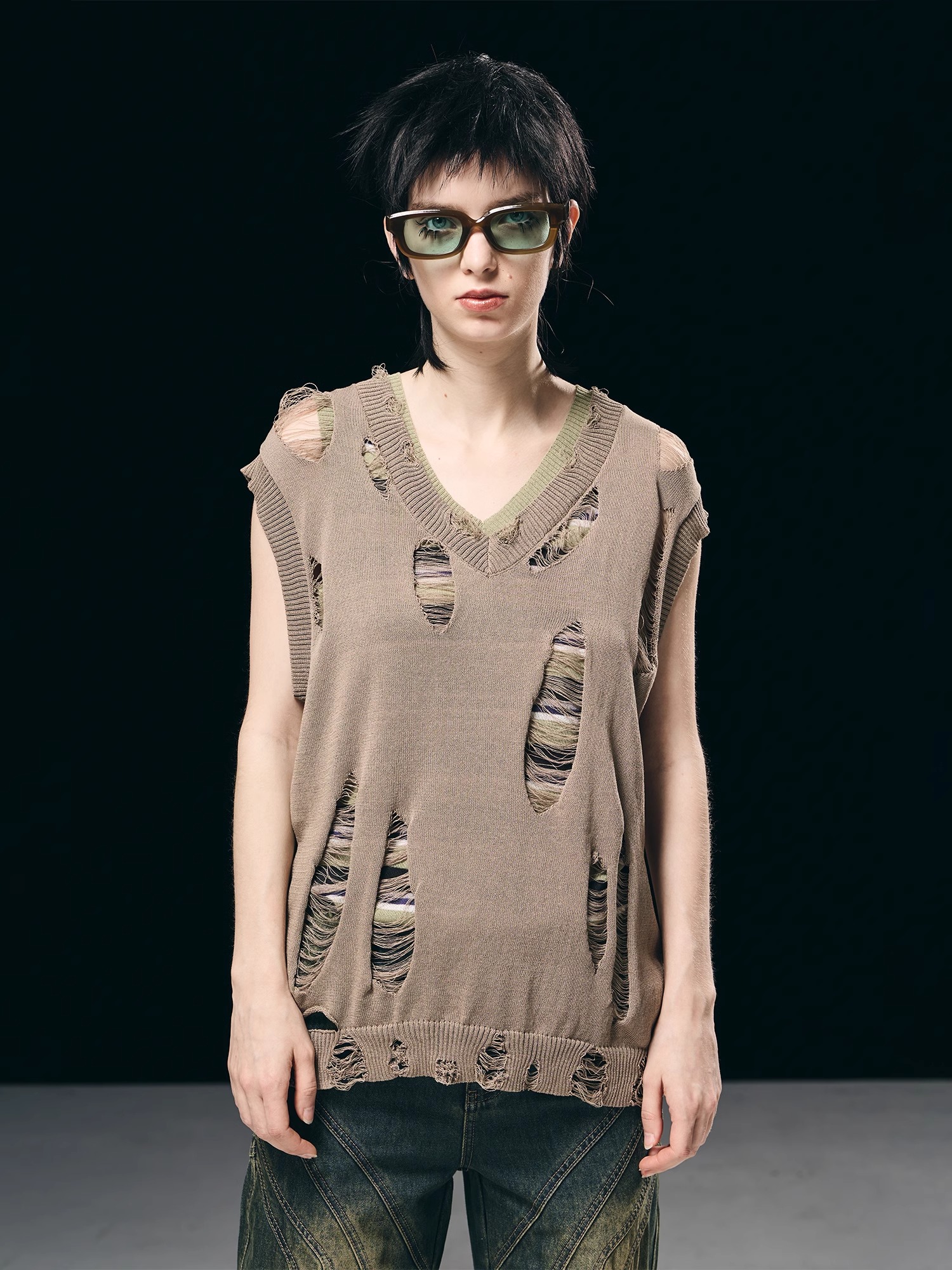 BORON ATOMS 23SS Two-piece Distressed Craft Knitted Striped Tank