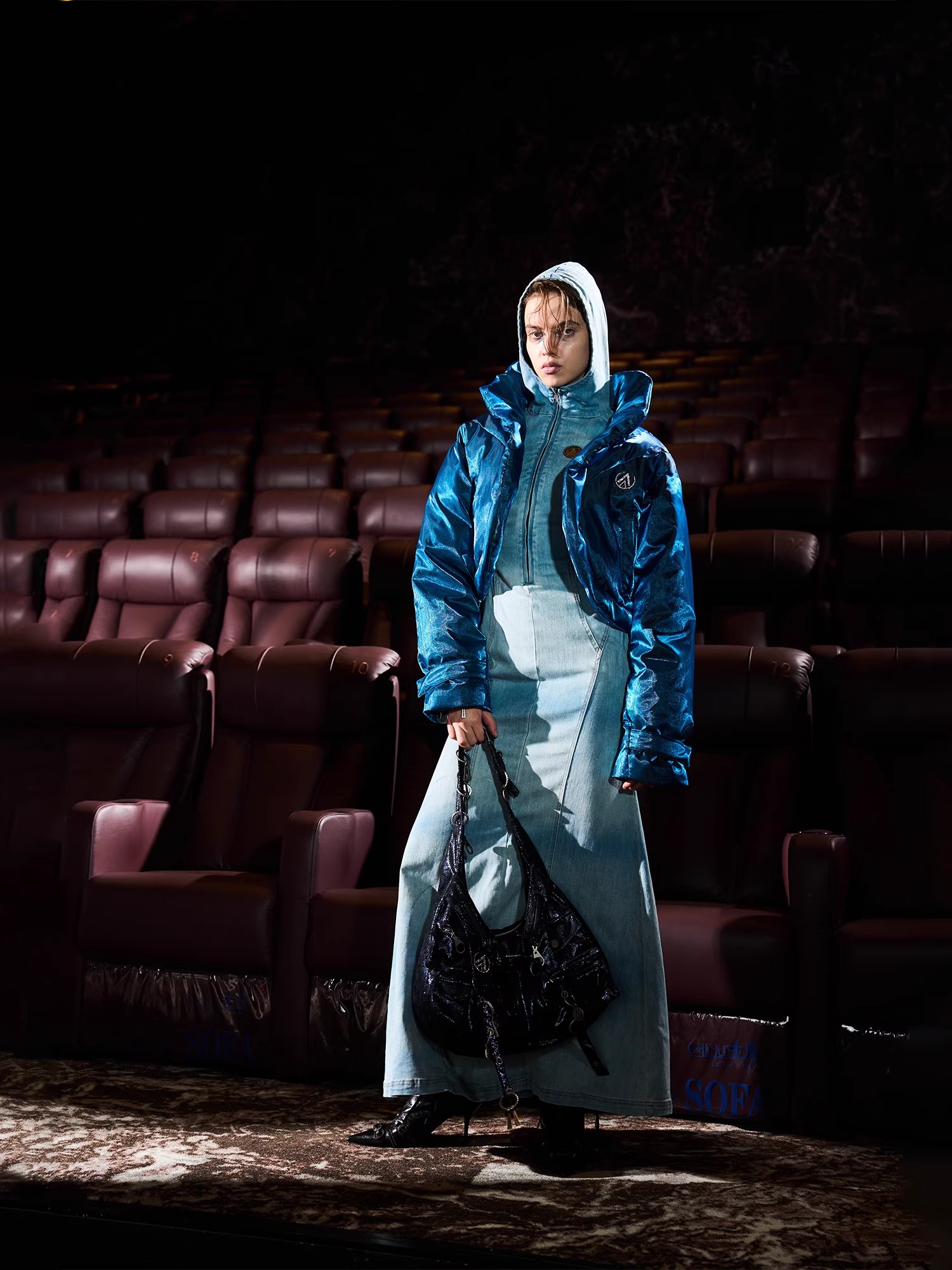 BORON ATOMS 24SS Liquid Reflective Stand Collar Curved Placket Jacket