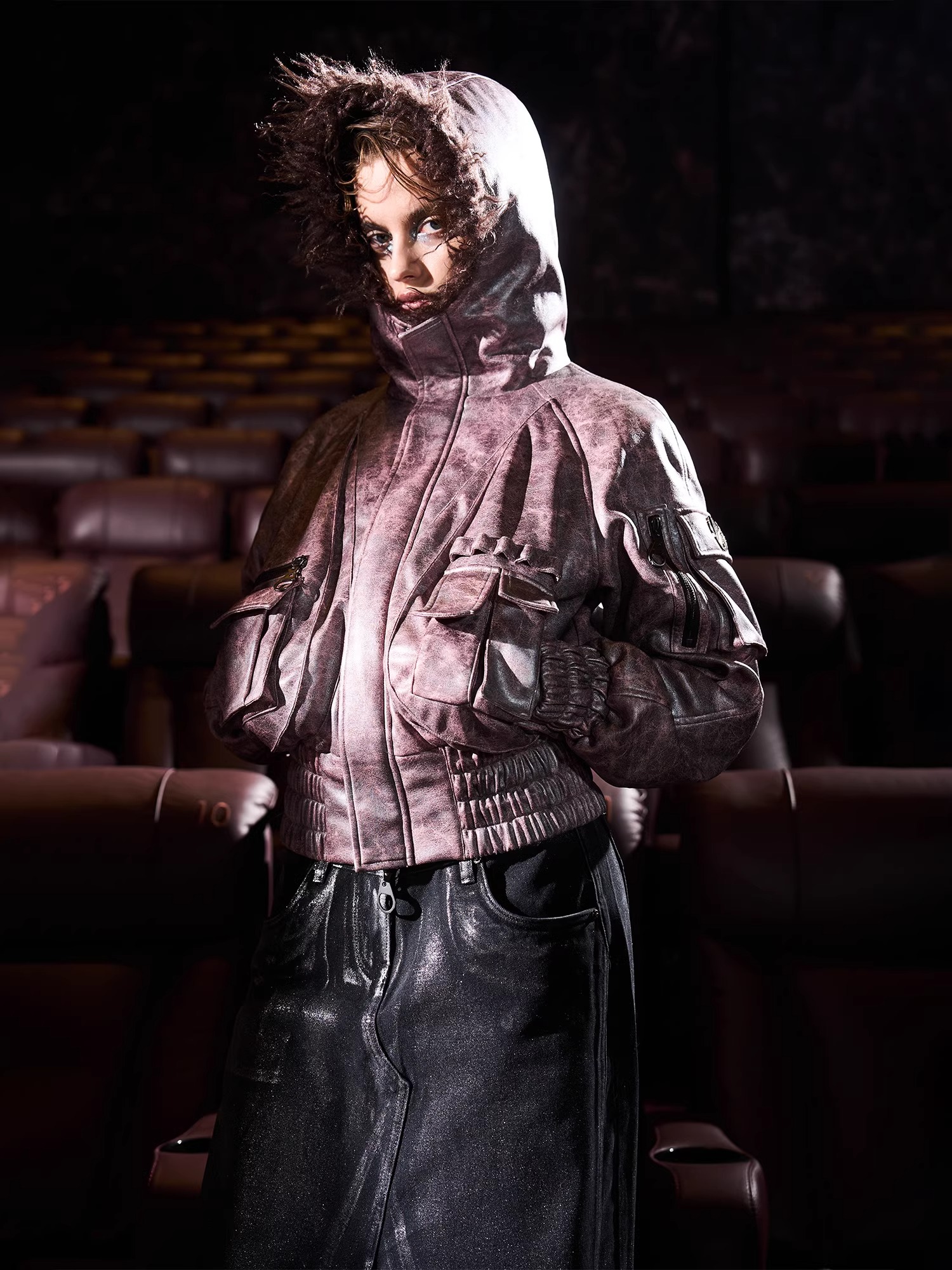 BORON ATOMS 24SS Metallic Dirty Pink Multi-Pocket Faux Fur Collar Short Jacket