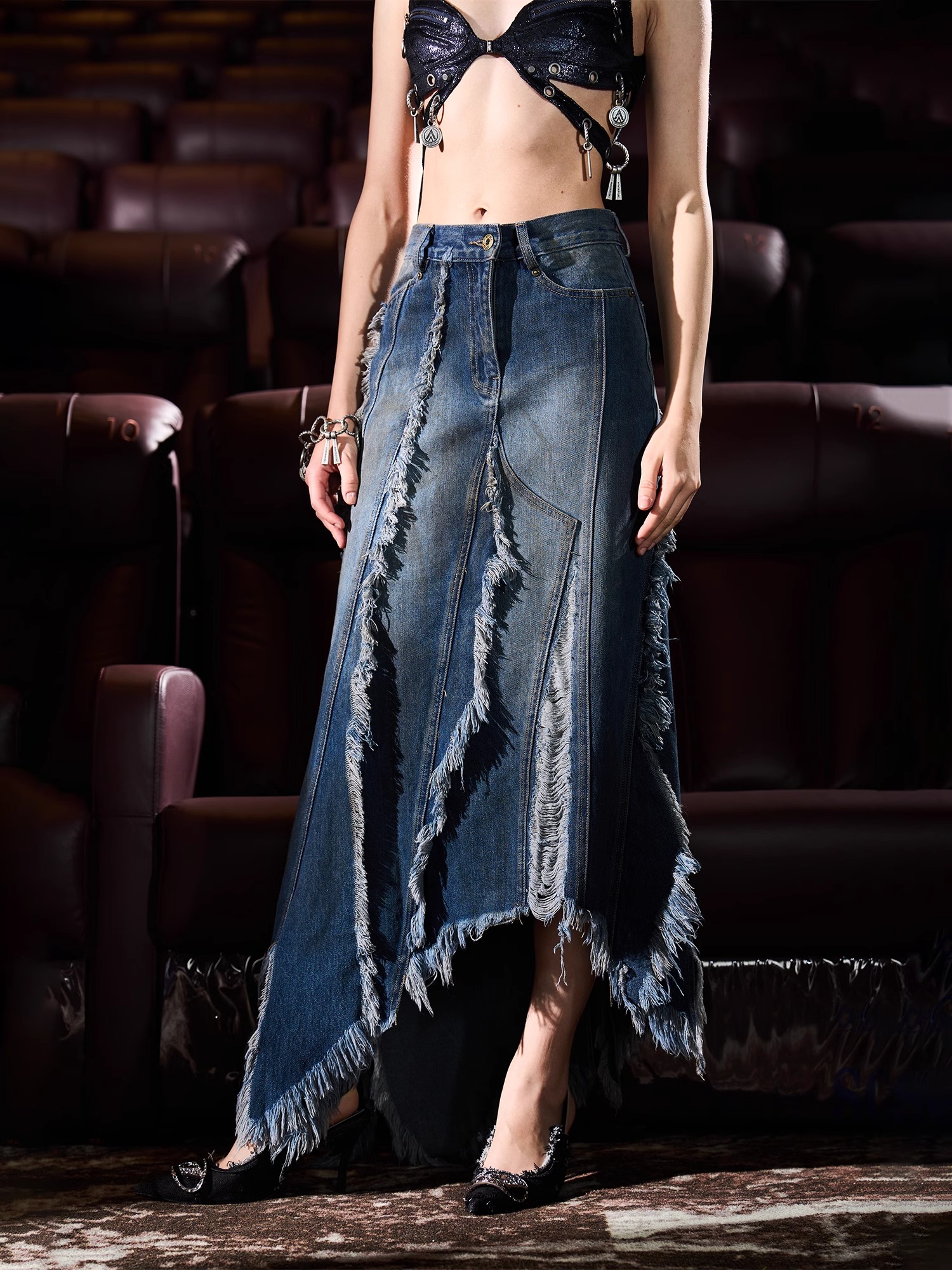 BORON ATOMS 24SS Irregular Multi-Panel Distressed Long Skirt