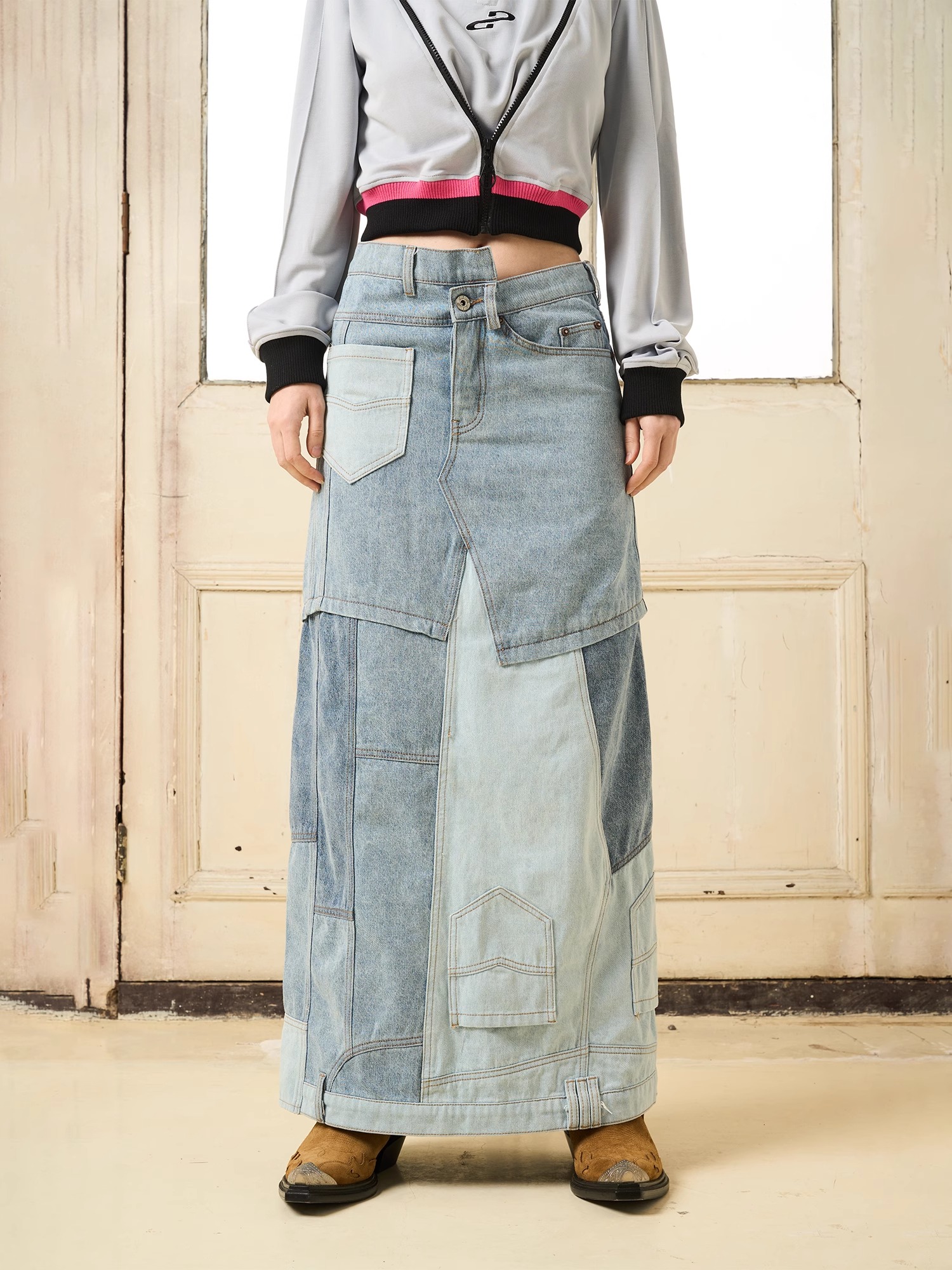 BORON ATOMS 24SS Irregular Reassembled Patchwork Denim Slit Long Skirt