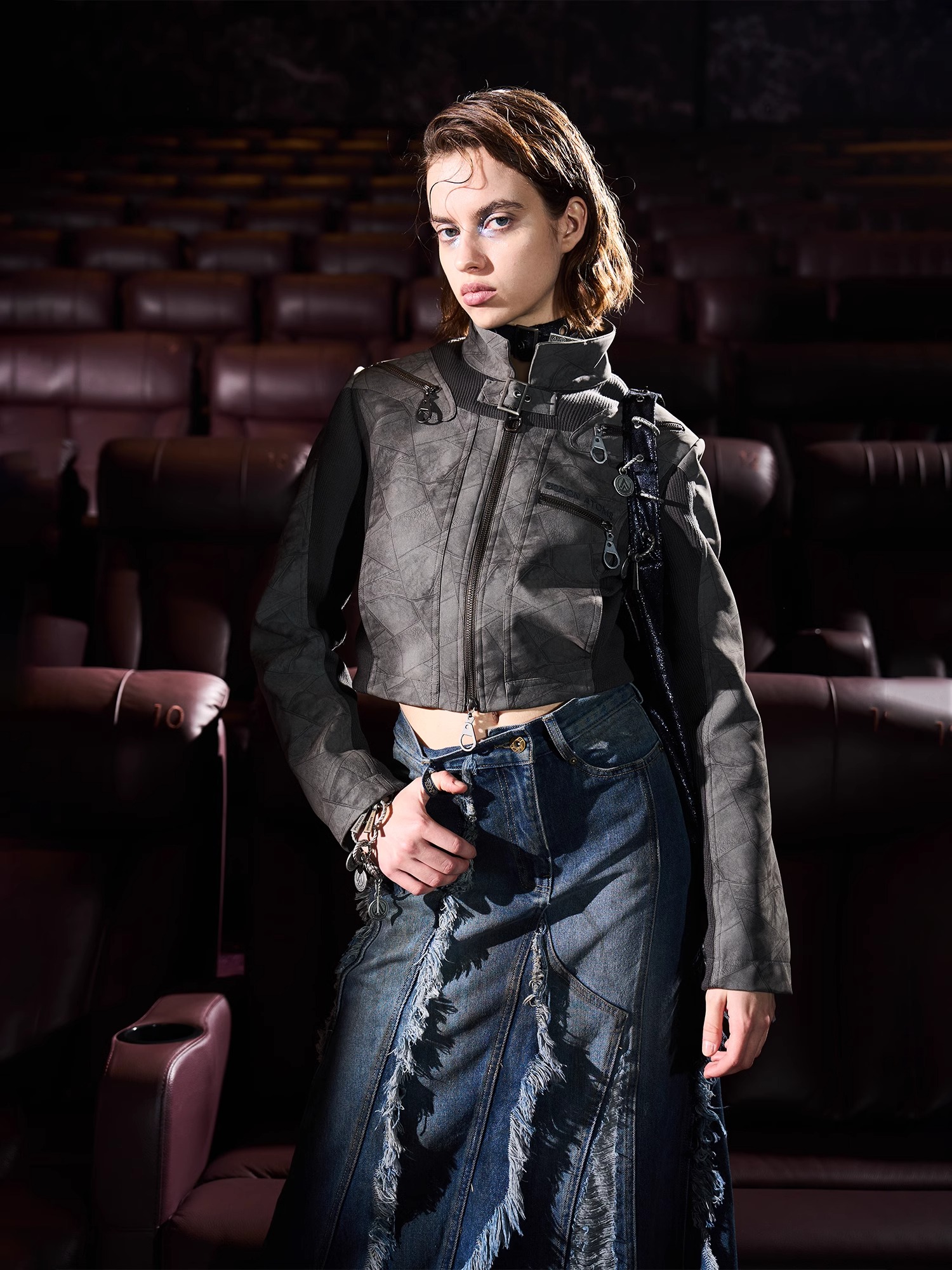 BORON ATOMS 24SS Textured Dark Stripe Short Leather Jacket