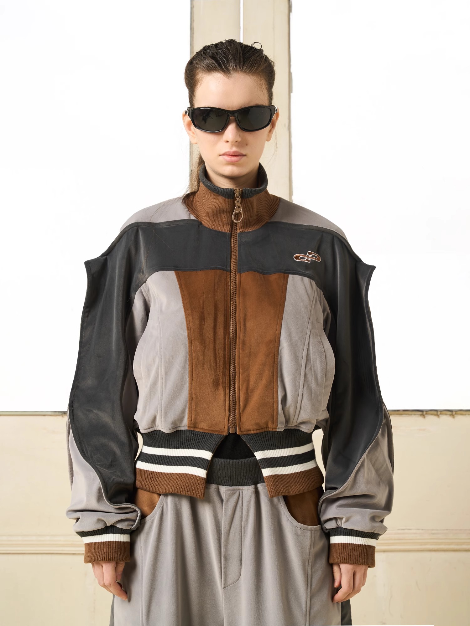 BORON ATOMS 24SS Wrap-around Patchwork Cropped Sporty Jacket