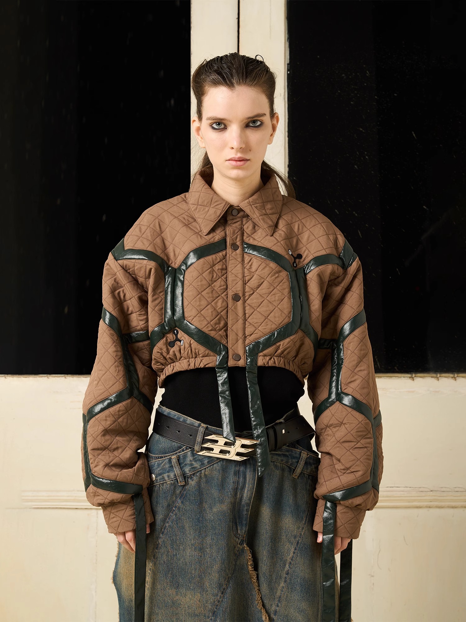 BORON ATOMS 24SS Soccer-patterned Quilted Patchwork Contrast Short Jacket