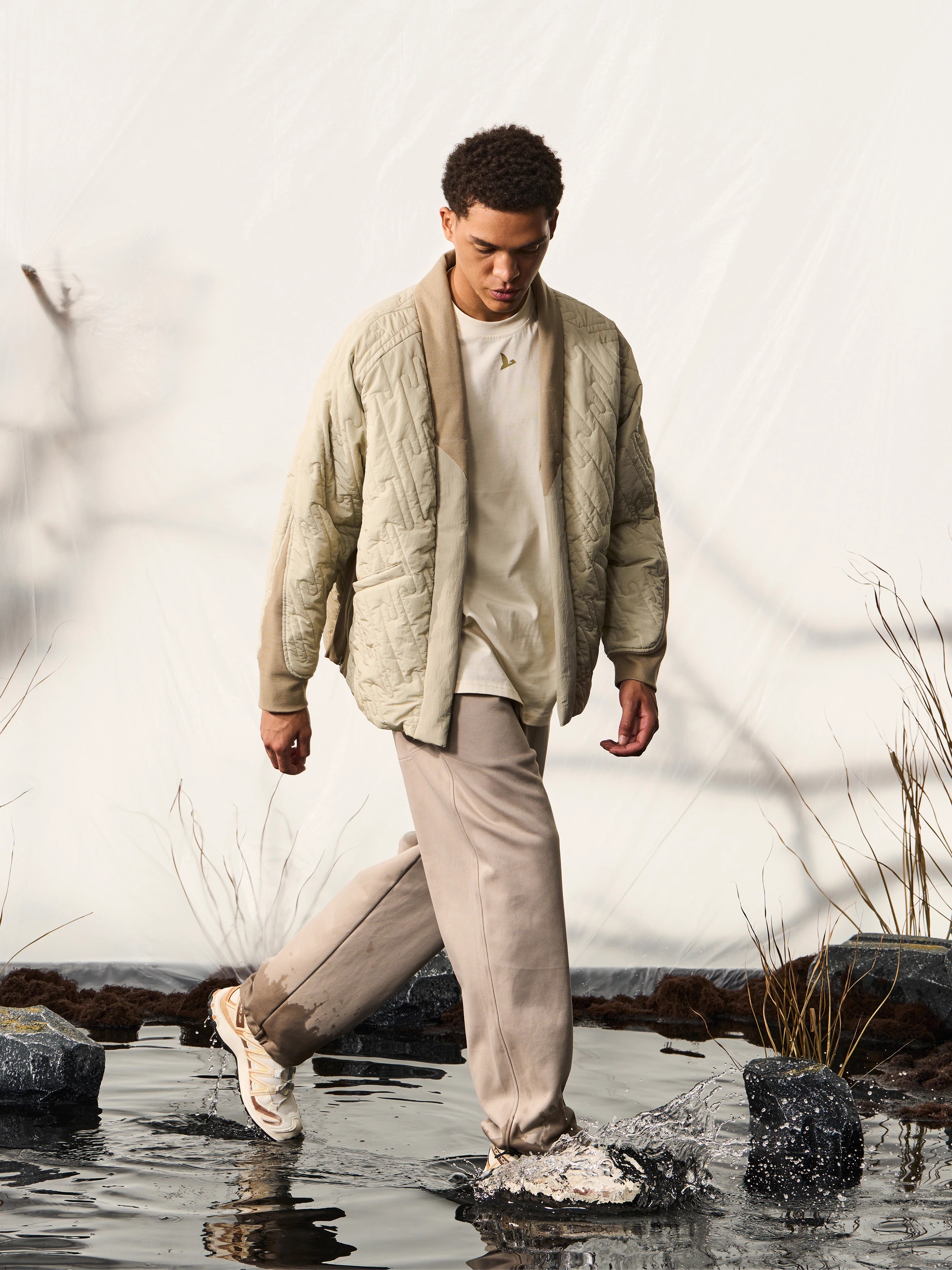 HALCYON 23AW Woven and Stitched Twill Patchwork New Shearling Robe