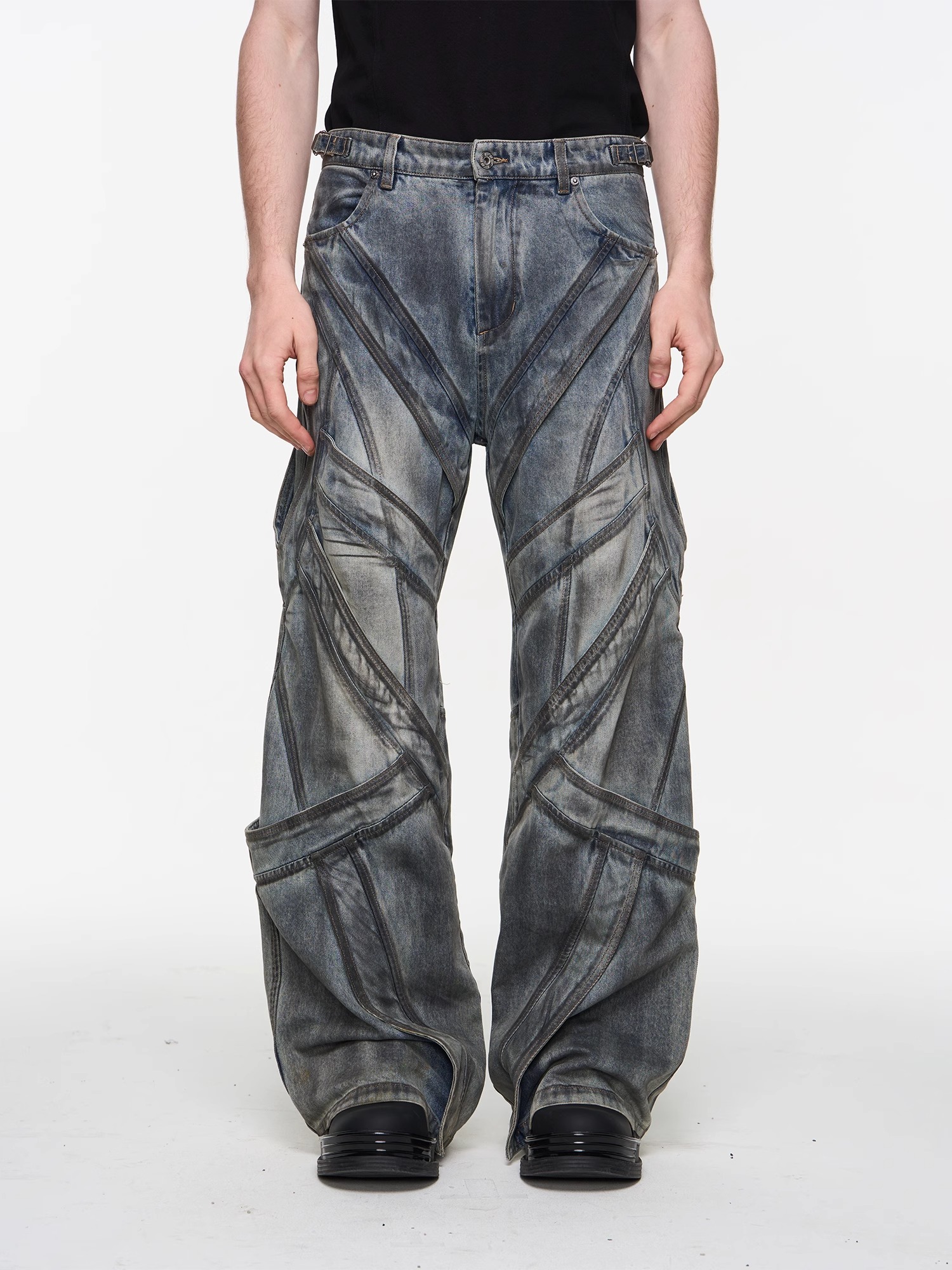 BLINDNOPLAN 24SS Multiple Flared Segmented Washed Distressed Jeans
