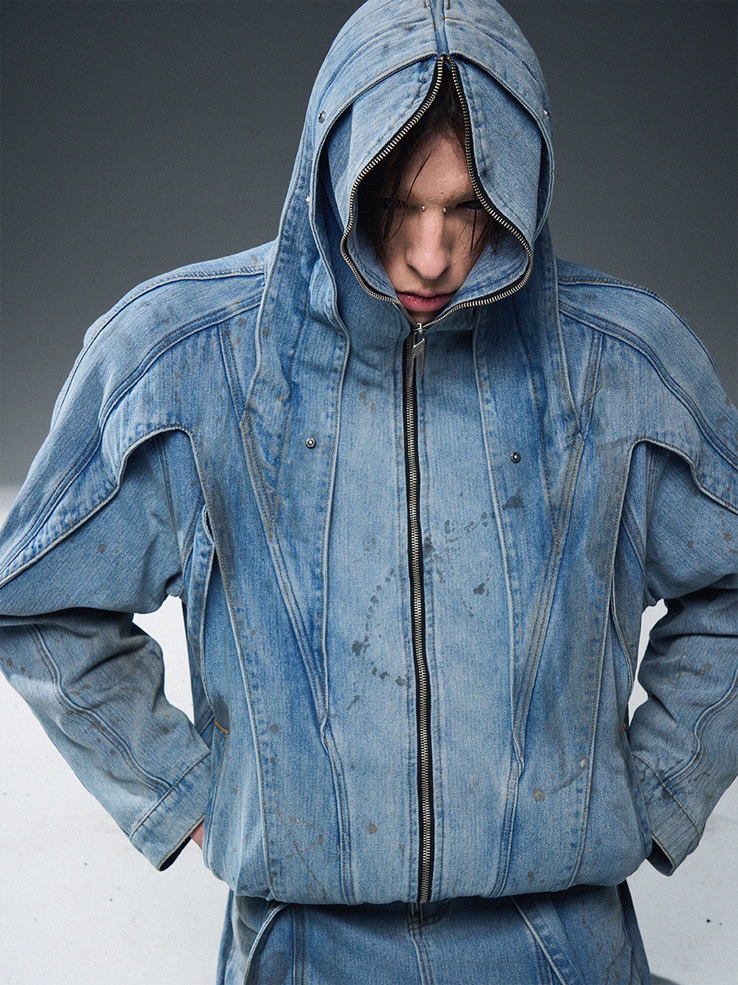 BLINDNOPLAN 24SS Mud-dyed Ink-splattered Distressed Hooded Jacket