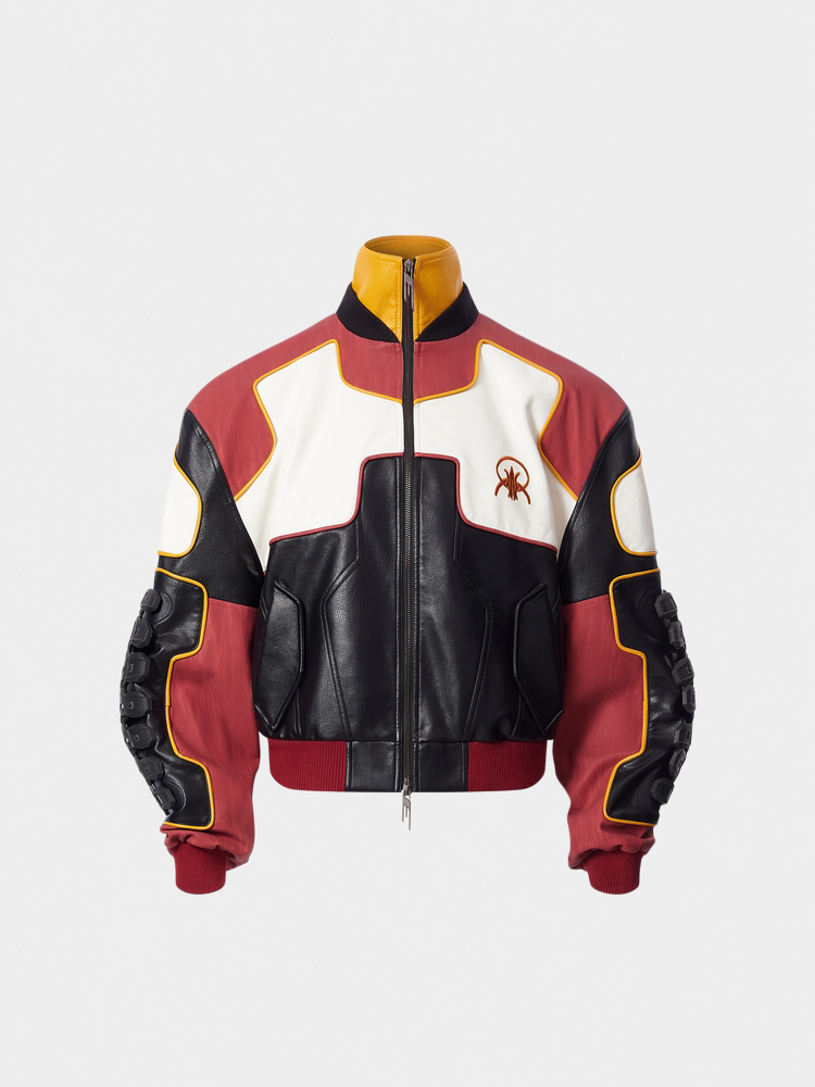 Heavy-Duty Spine Panel Colorblock Biker Jacket