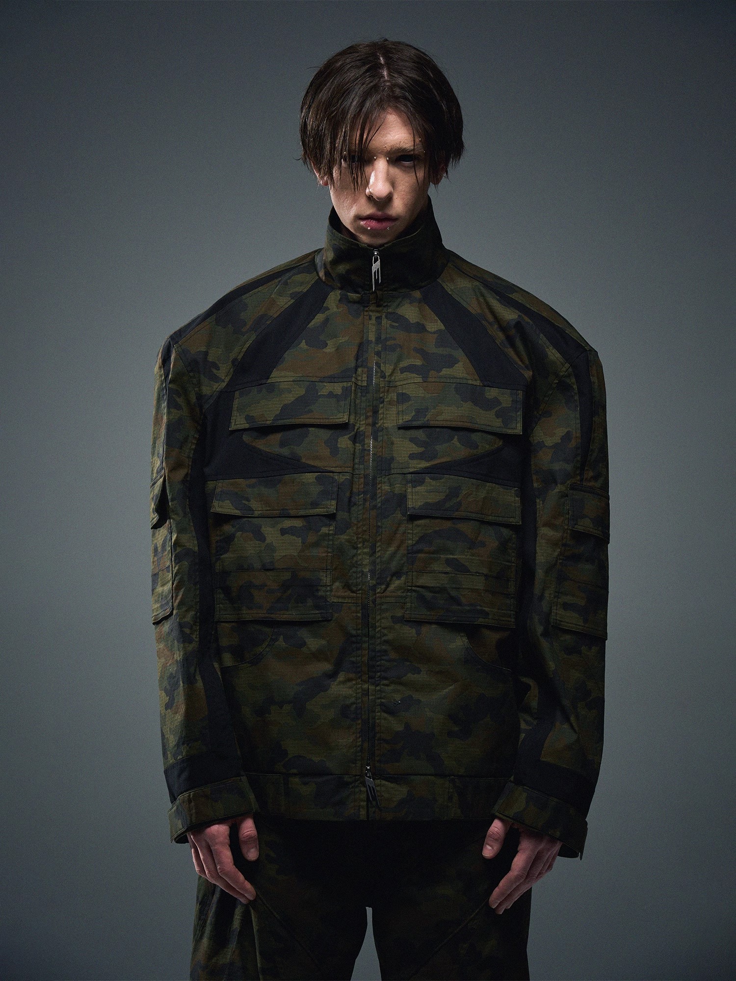 BLINDNOPLAN 24SS Color-blocked Texture Plaid Camouflage Work Jacket
