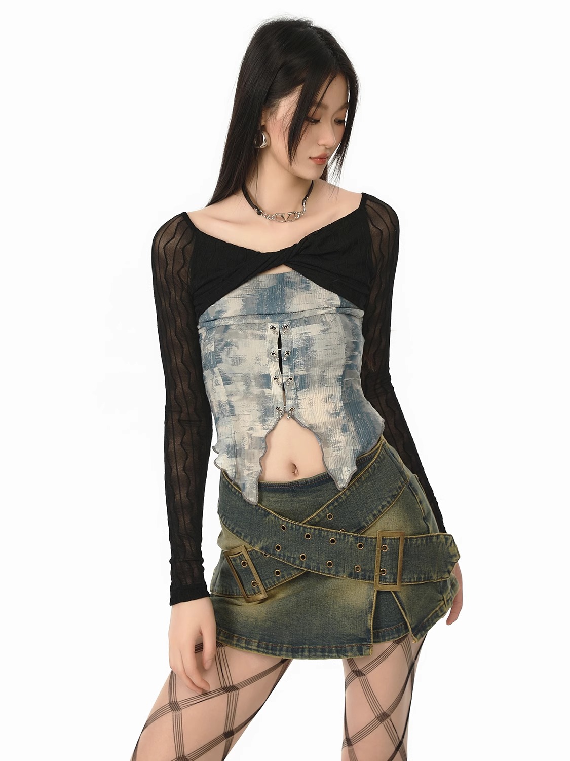 AUGENWEIDE 24SS Off-Shoulder Mesh Patchwork T-Shirt