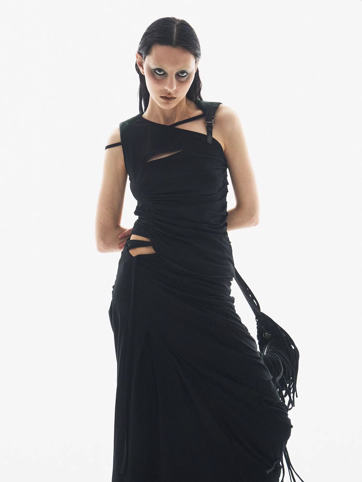 BORON ATOMS 24SS Hollow Ruffle Adjustable Buckle Color-Block Sleeveless Tank