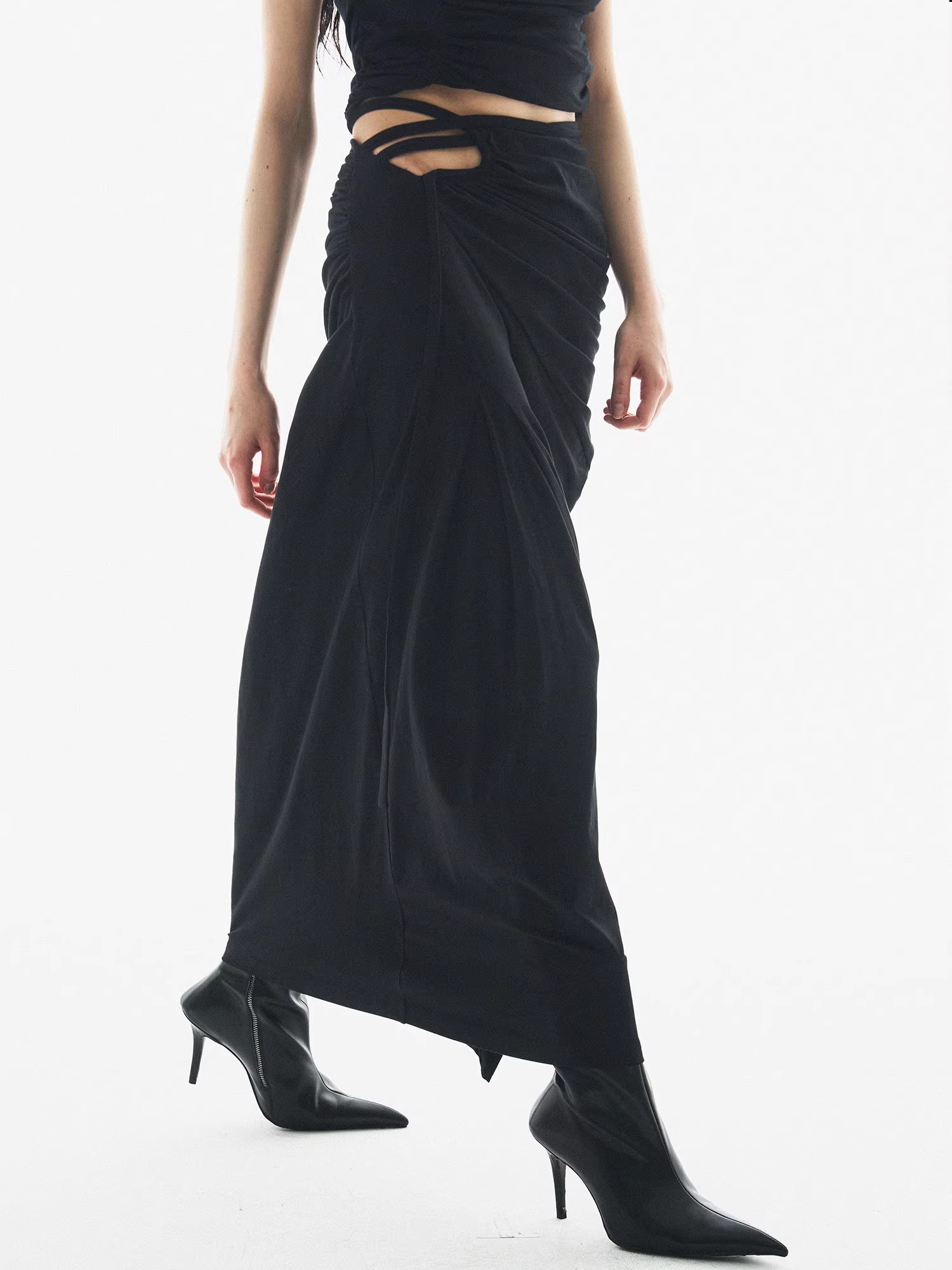 BORON ATOMS 24SS Ruffled Draped Waistband Asymmetrical Long Skirt