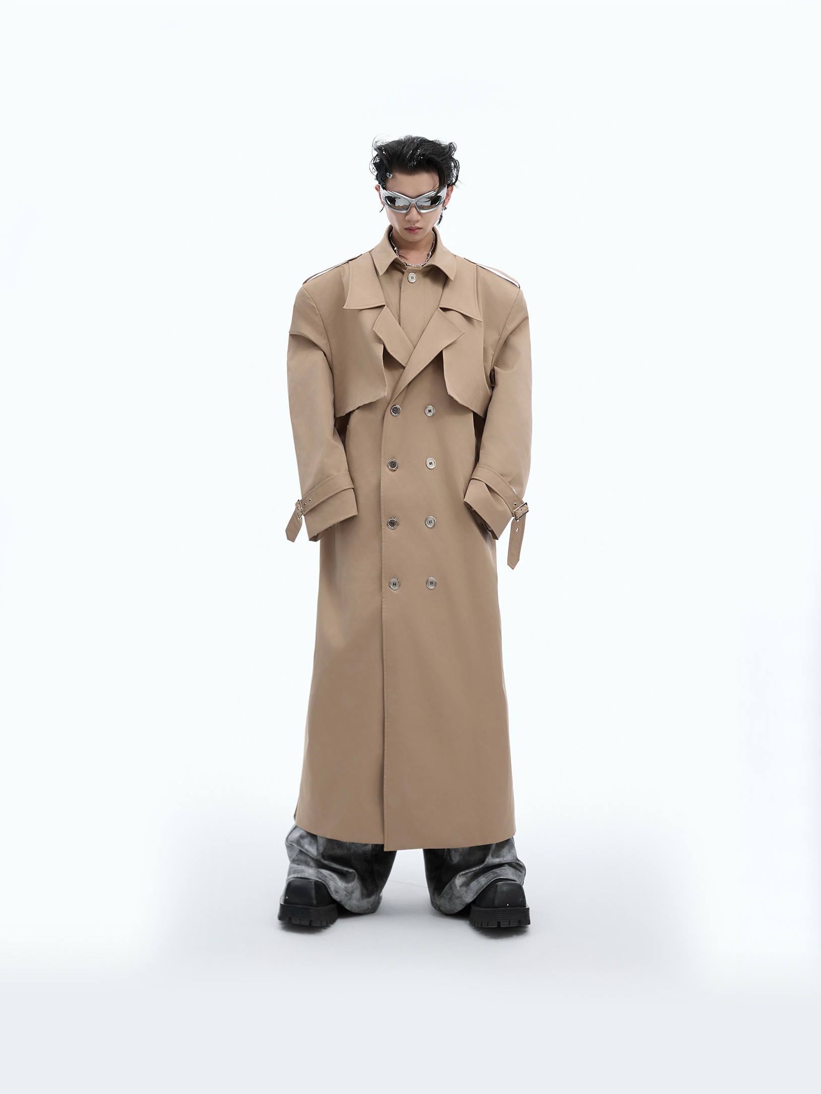 Double-Breasted Belted Shoulder-Padded Oversized Trench Coat