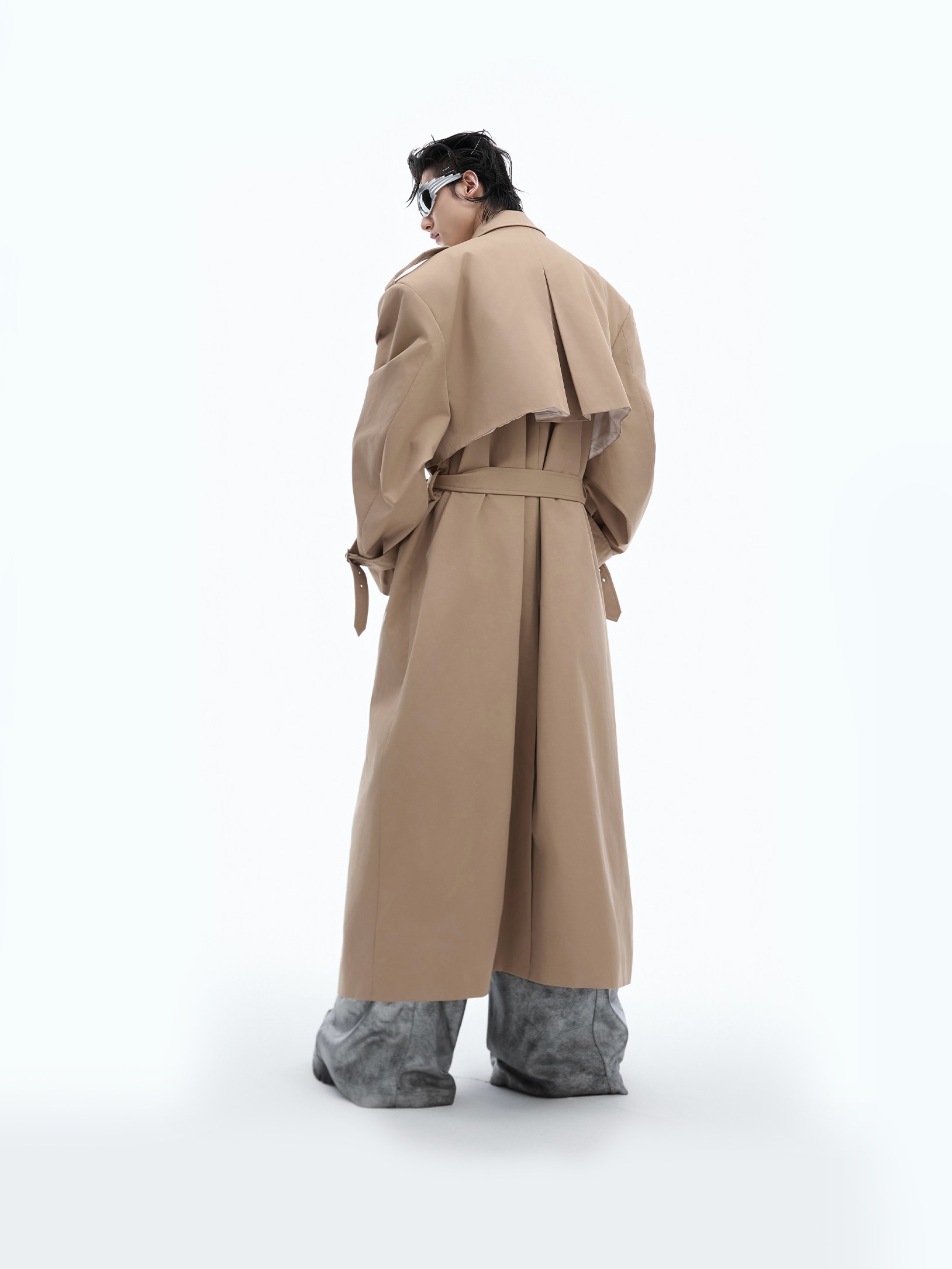 Double-Breasted Belted Shoulder-Padded Oversized Trench Coat