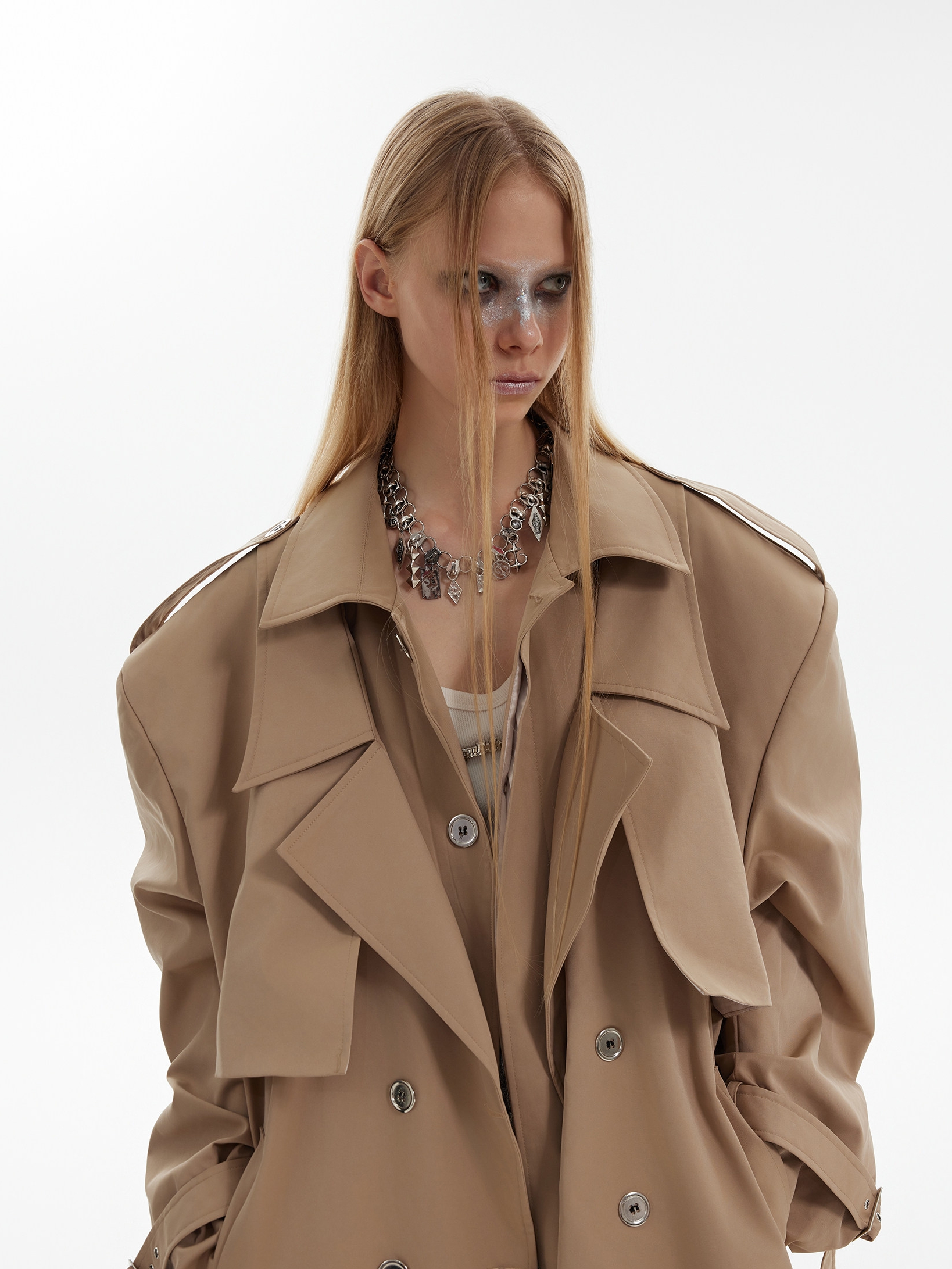 Double-Breasted Belted Shoulder-Padded Oversized Trench Coat