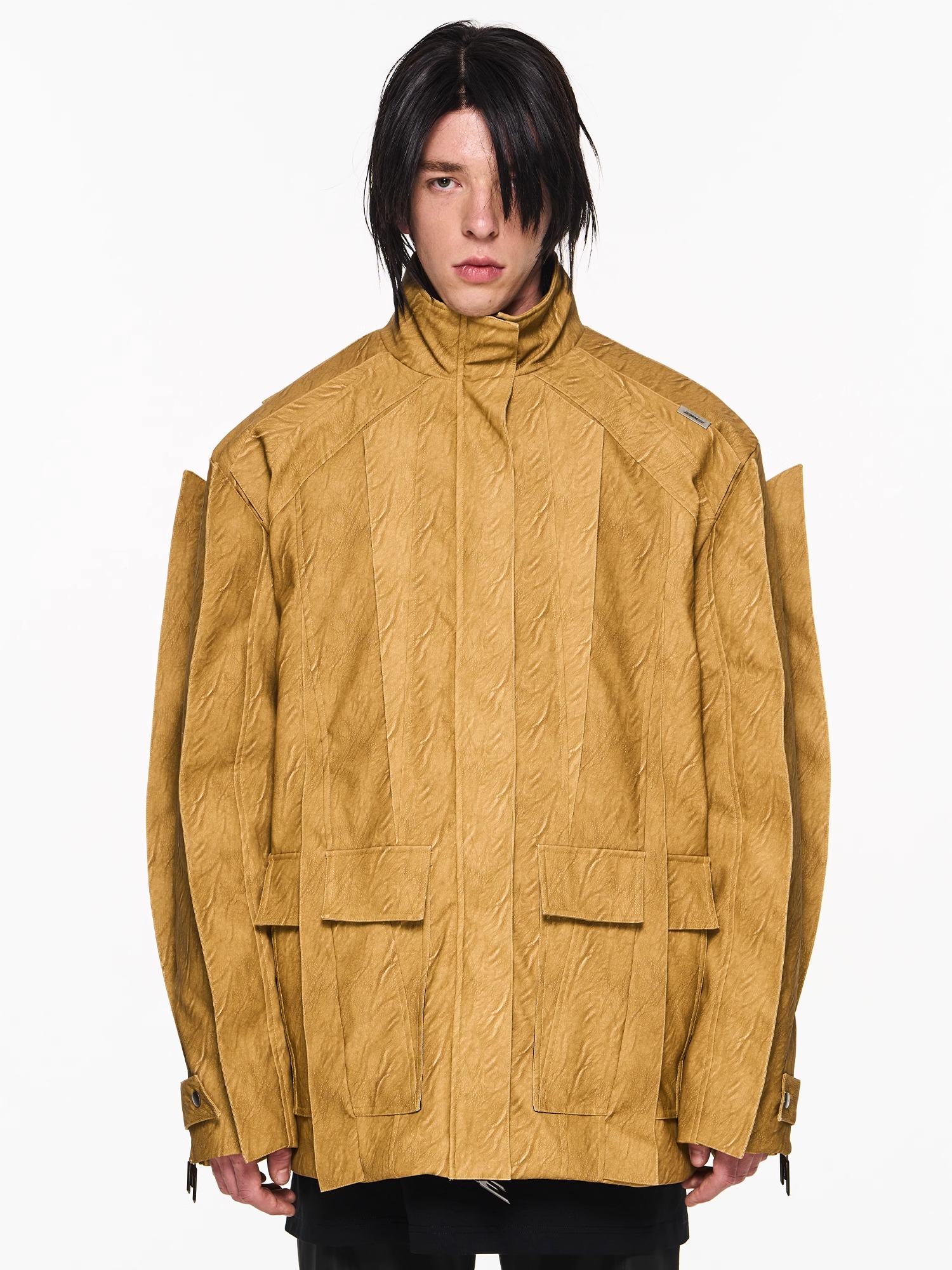 BLINDNOPLAN 23AW Multi-panel Asymmetrical Blade Washed Cotton-padded Leather Jacket