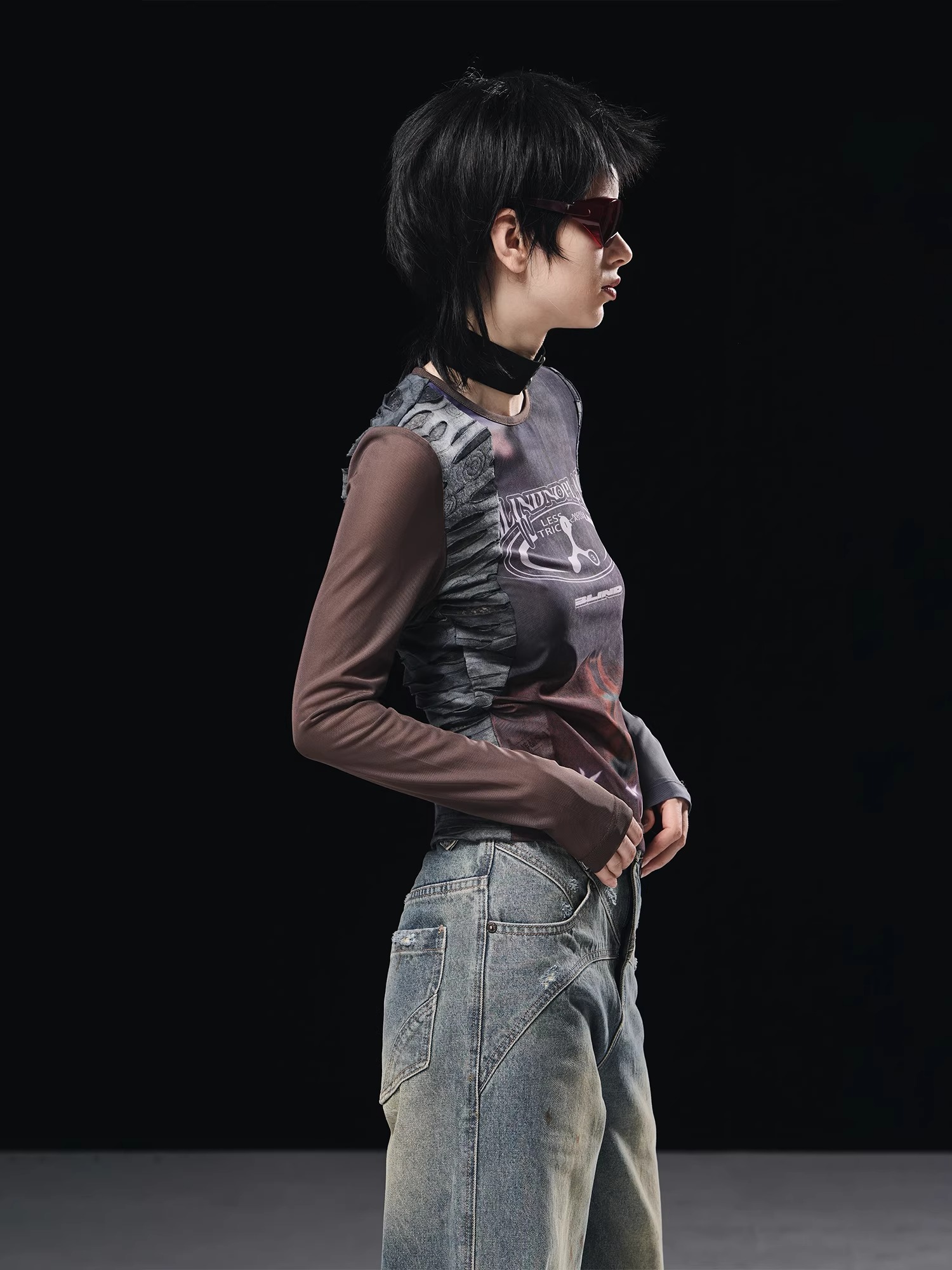 BORON ATOMS 23SS Mesh Patchwork Floral Print Round Neck Long Sleeve T-shirt