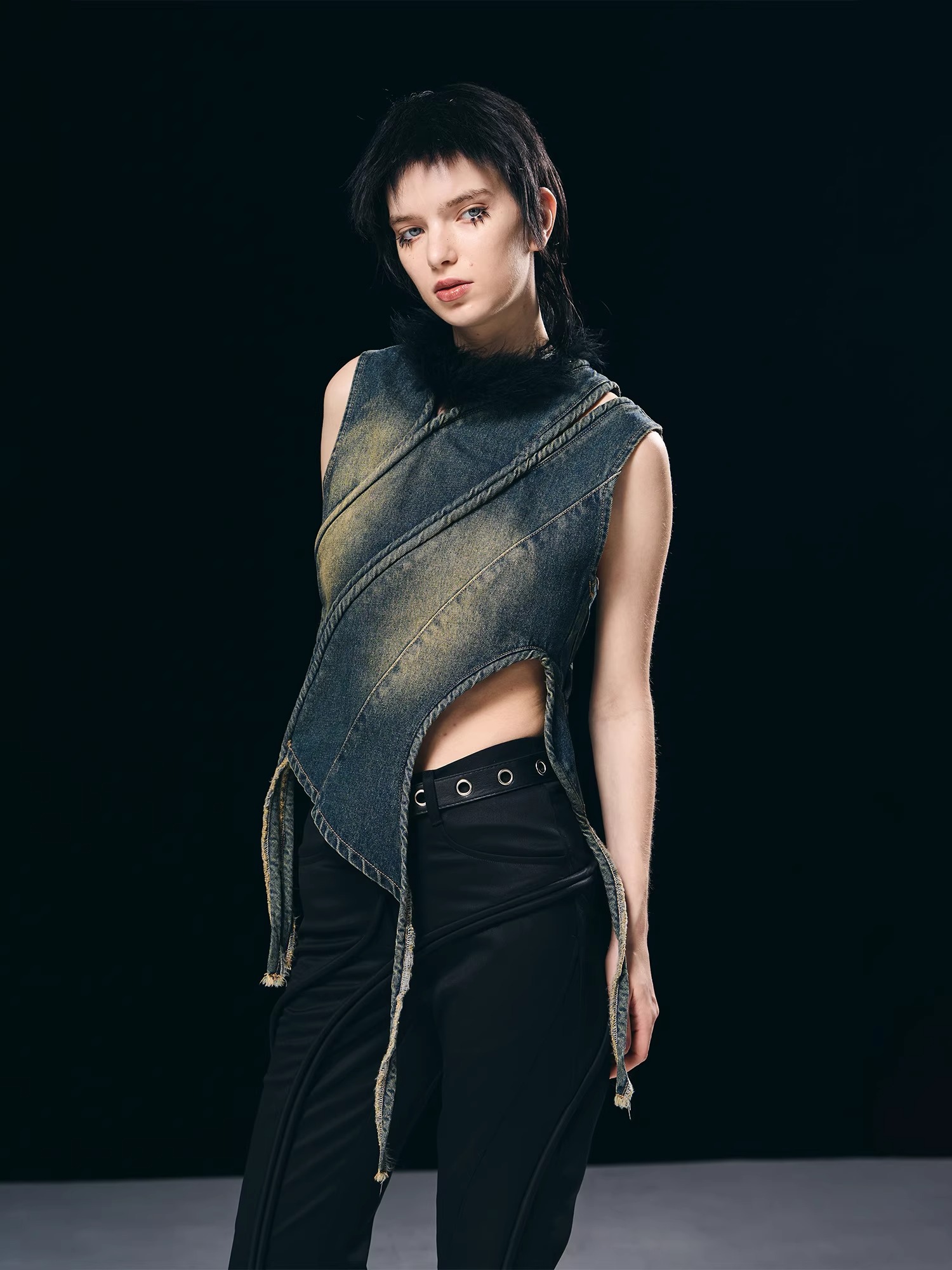 BORON ATOMS 23SS Surrounding 3D Rope Hollow-out Denim Tank