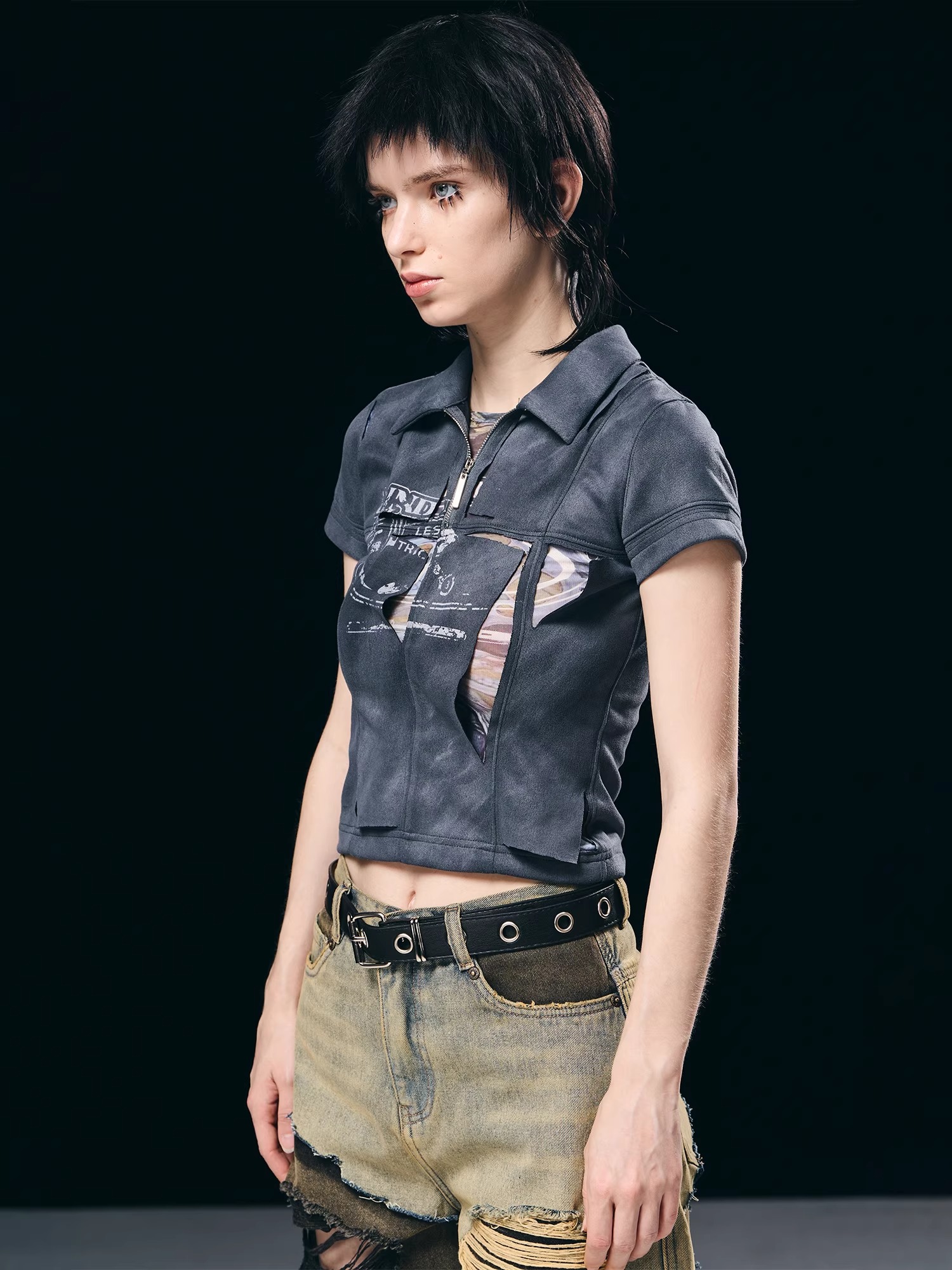 BORON ATOMS 23SS Double-Layer Handcrafted Distressed Print Washed Heavy-duty T-shirt