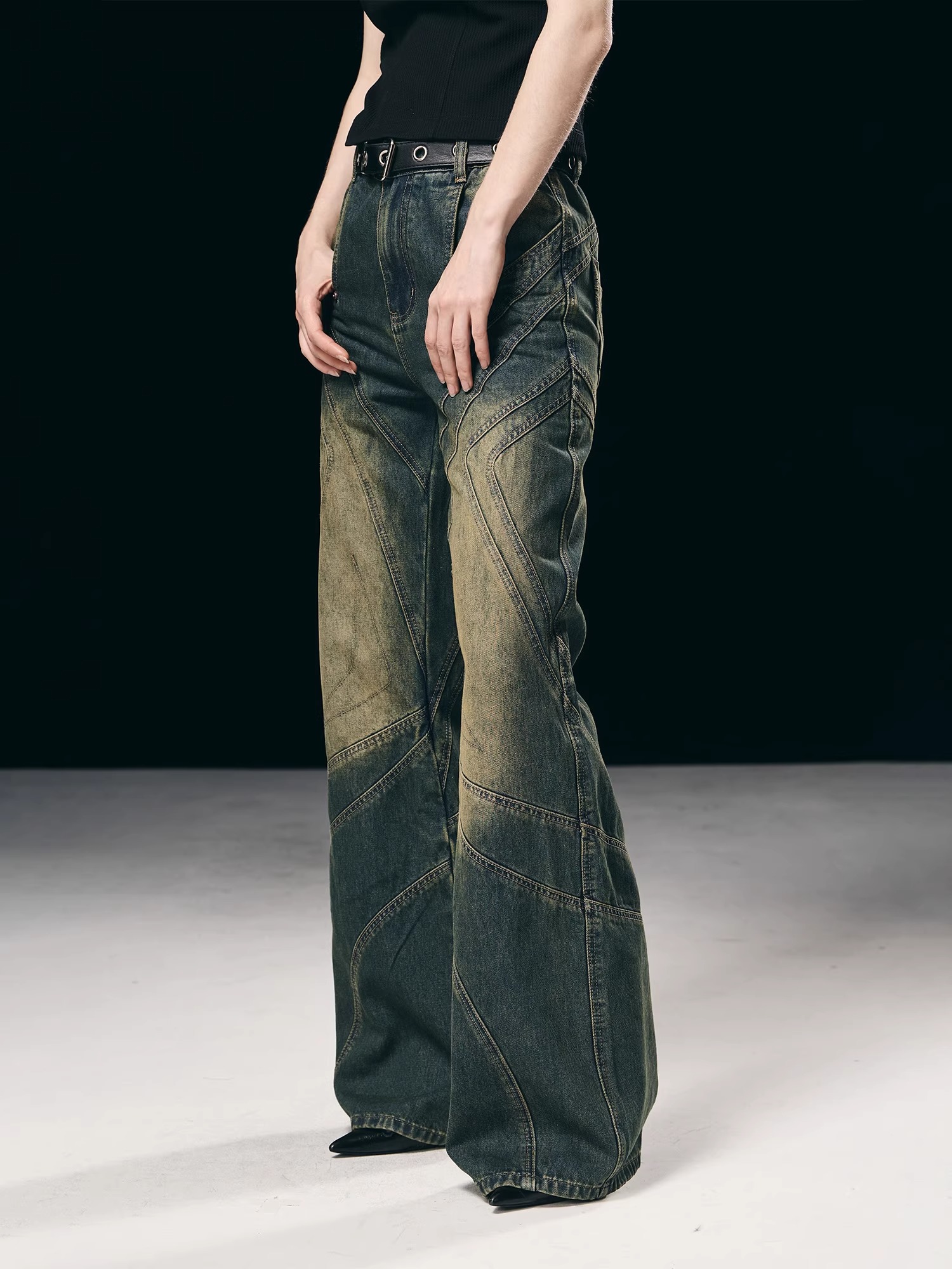 BORON ATOMS 23SS Patchwork Striped Flared Jeans