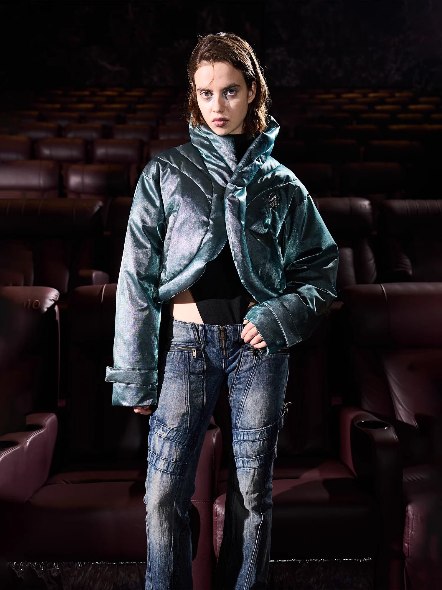 BORON ATOMS 24SS Liquid Reflective Stand Collar Curved Placket Jacket