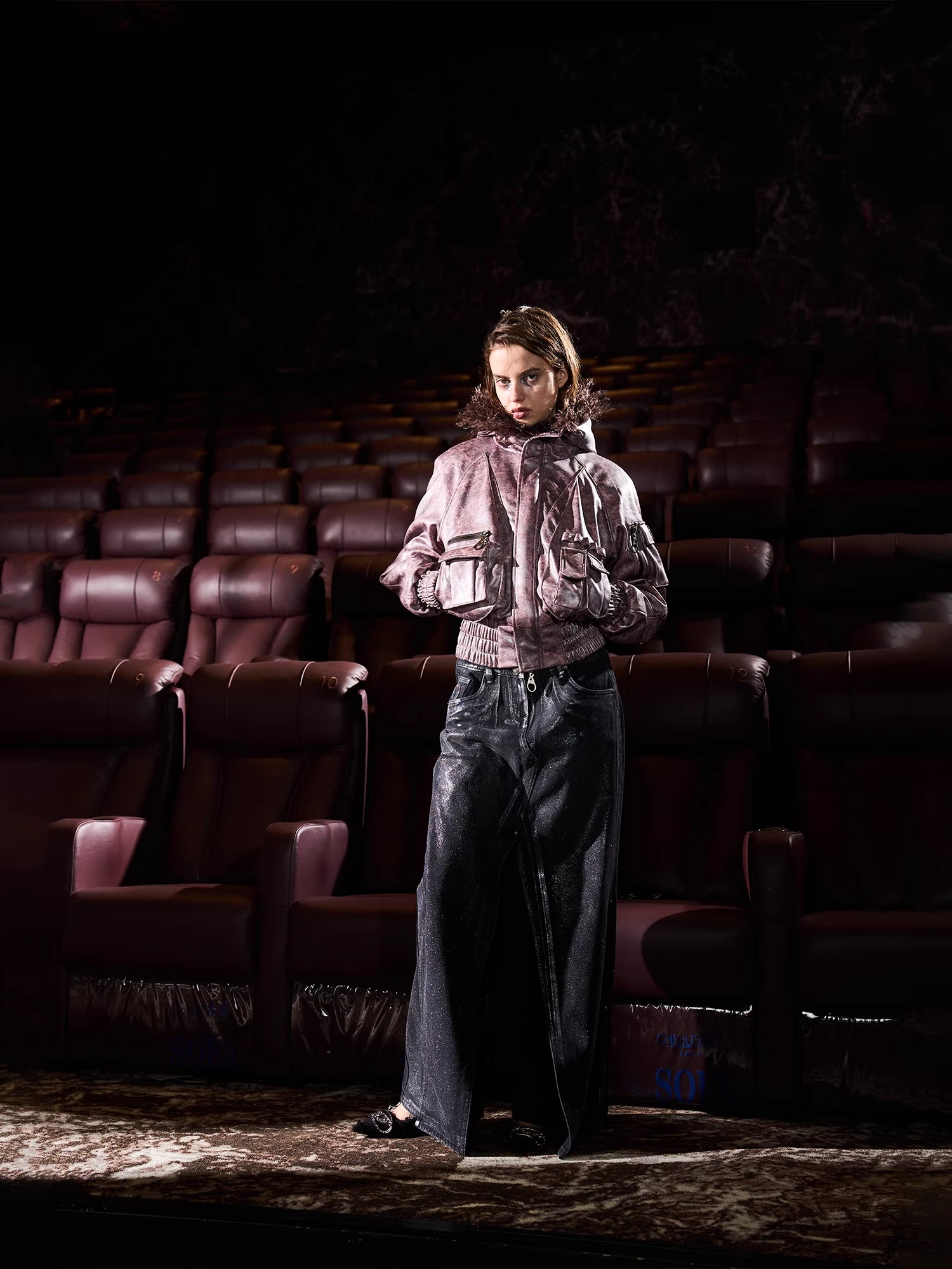 BORON ATOMS 24SS Metallic Dirty Pink Multi-Pocket Faux Fur Collar Short Jacket