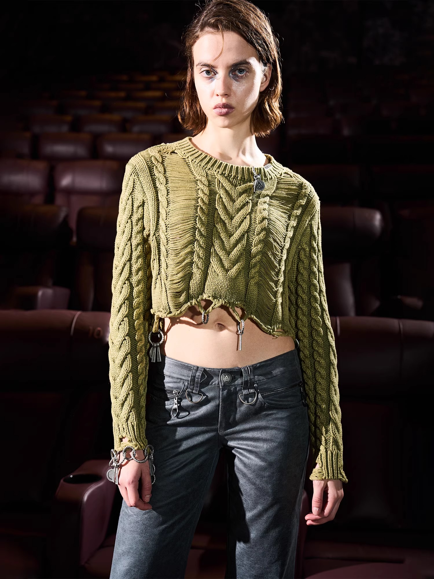 BORON ATOMS 24SS Washed and Distressed Metal Accents Short Sweater