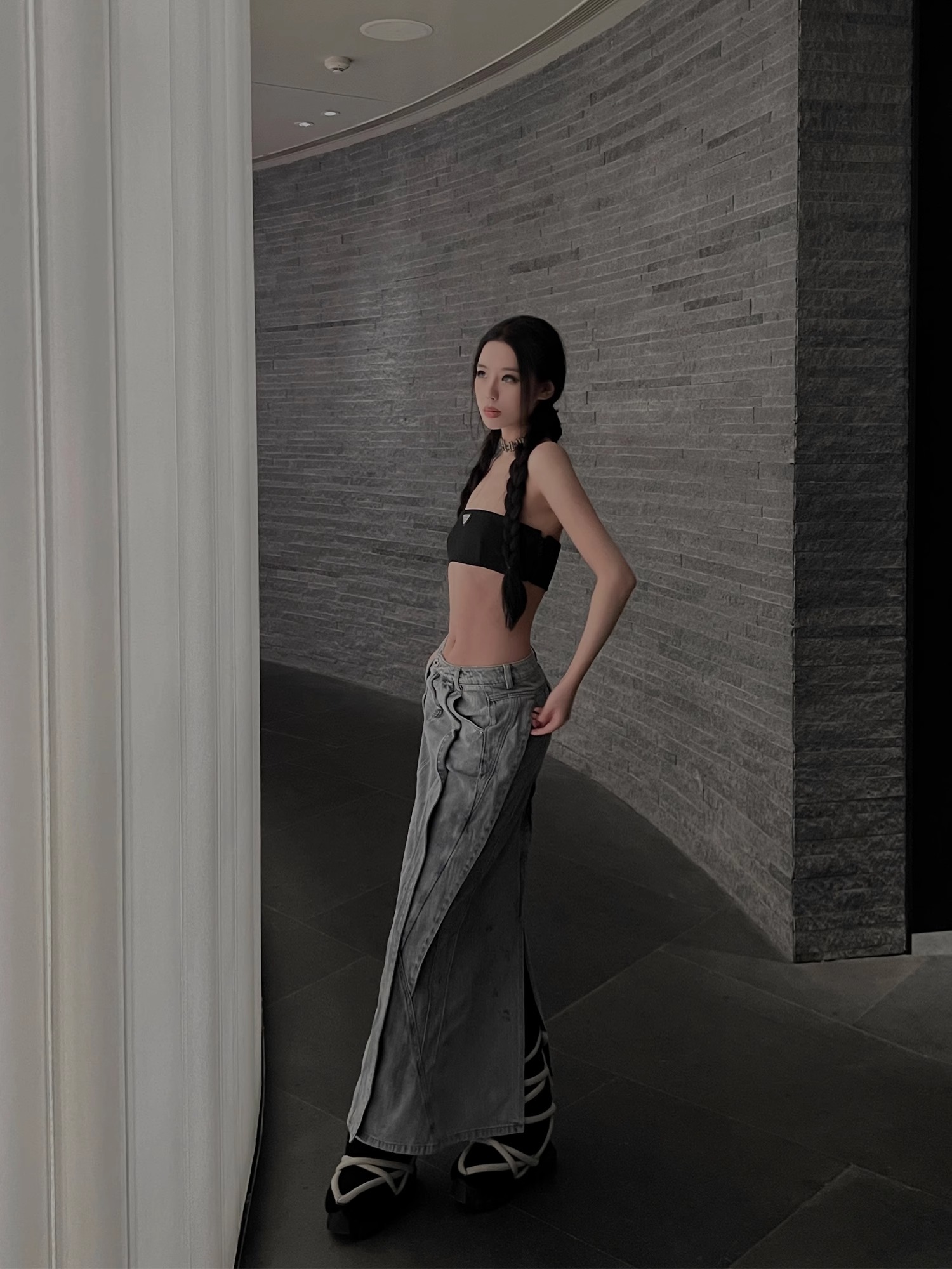 BLINDNOPLAN 24SS Mud-dyed Ink-splattered Distressed Flared Skirt