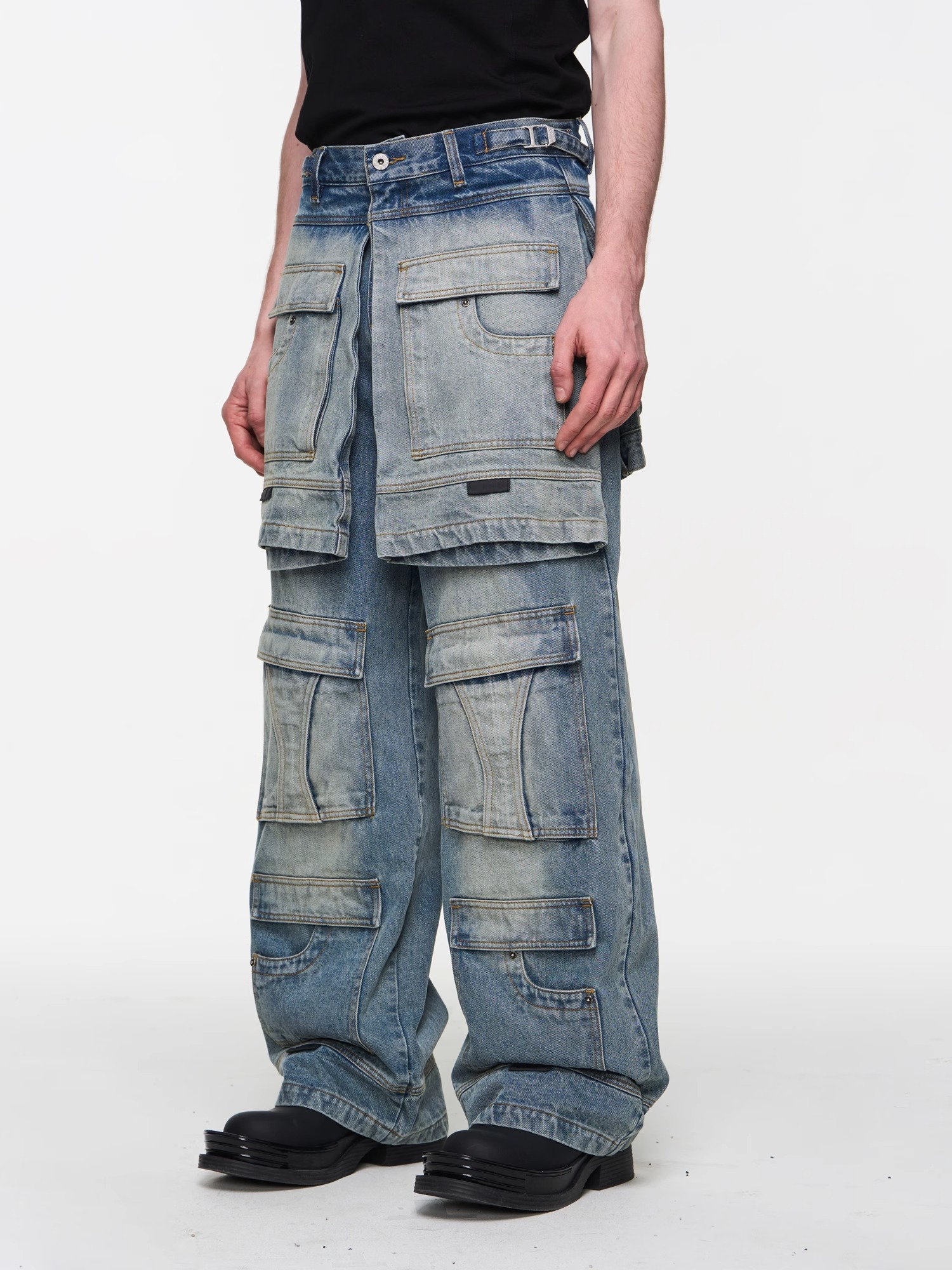 BLINDNOPLAN 24SS Multi-layered Faux Two-piece Ice Blue Workwear Denim Jeans