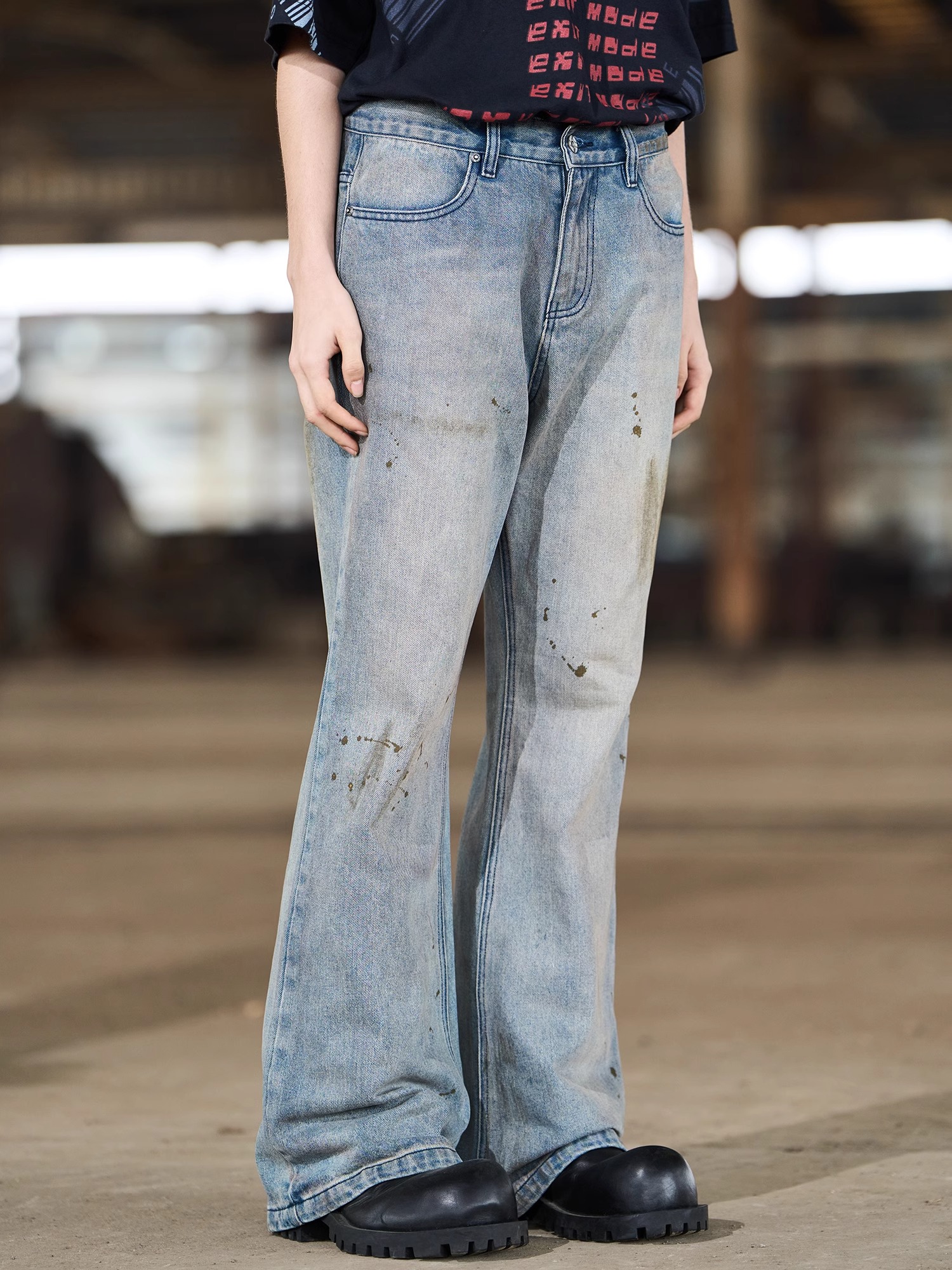 BLINDNOPLAN 24SS Distressed Washed Ink-splatter Flared Jeans