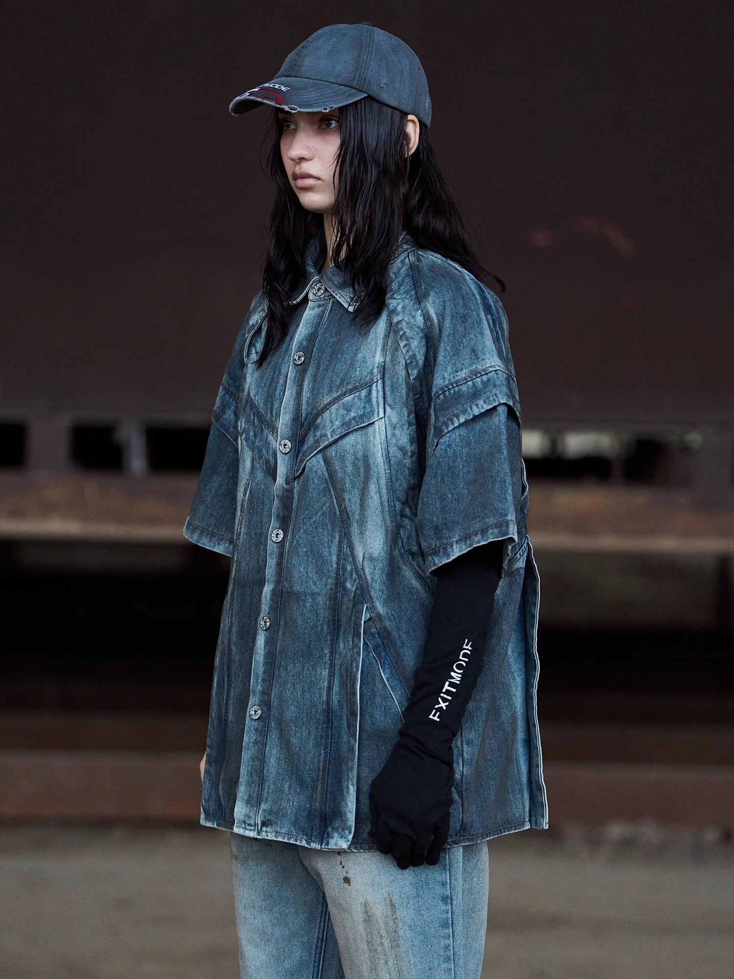 EXITMODE BY BLINDNOPLAN 24SS Heavy Washed Distressed Denim Shirt with Epaulets