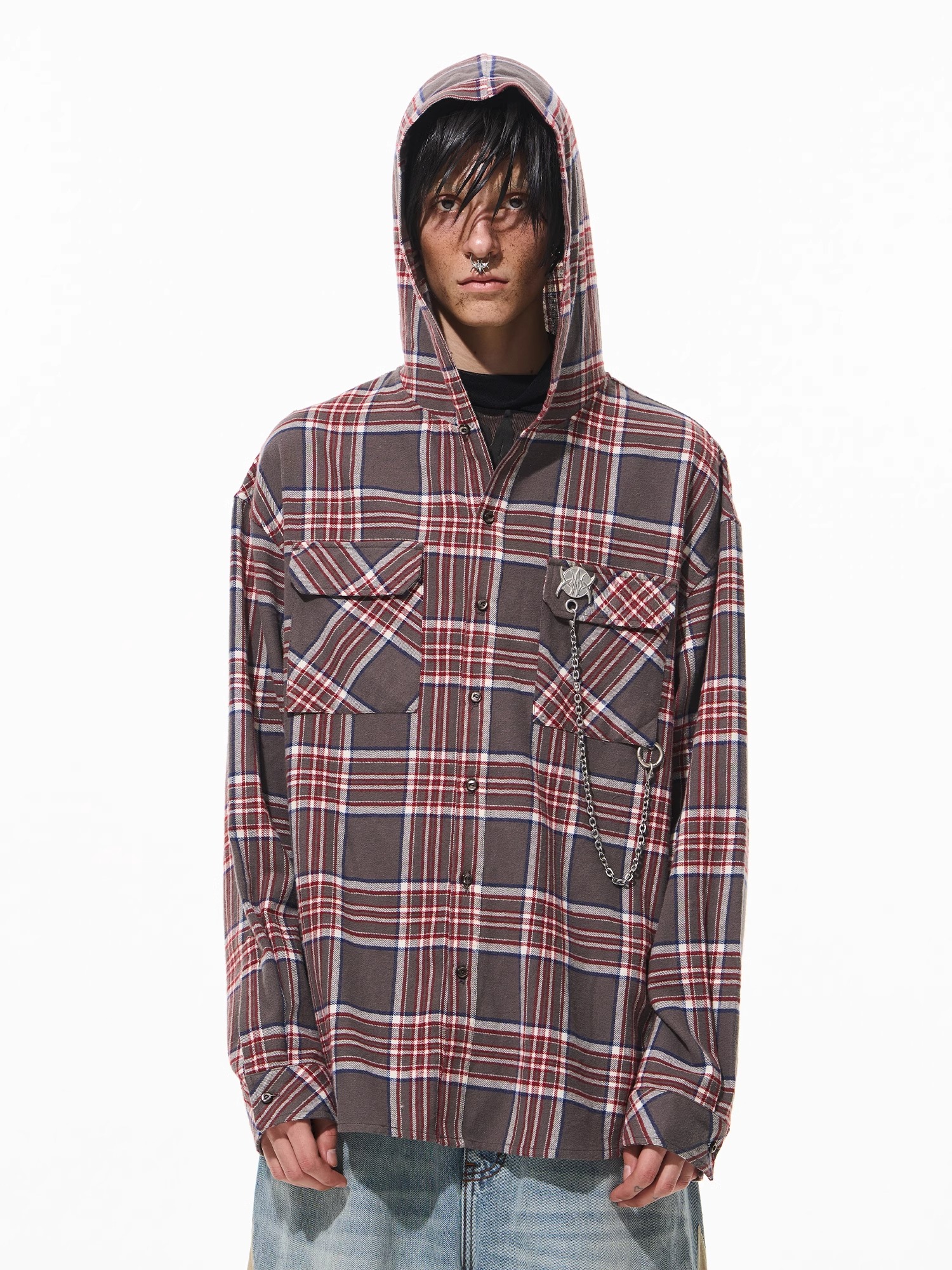 BLINDNOPLAN 24AW Metal Chain Accent Plaid Shirt