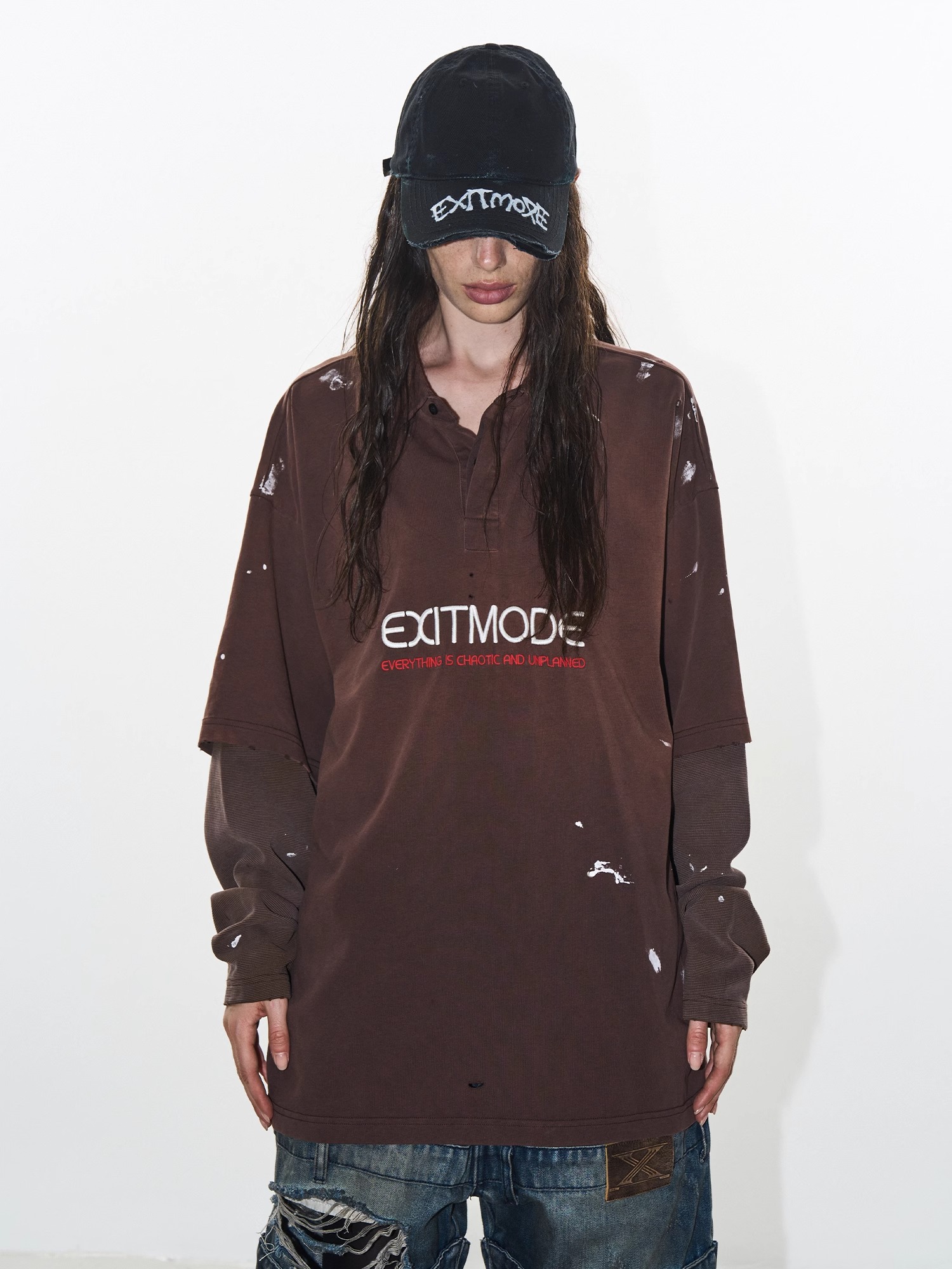 EXITMODE BY BLINDNOPLAN 24AW Distressed Washed Splatter Effect Fake Layered Long-Sleeve Polo