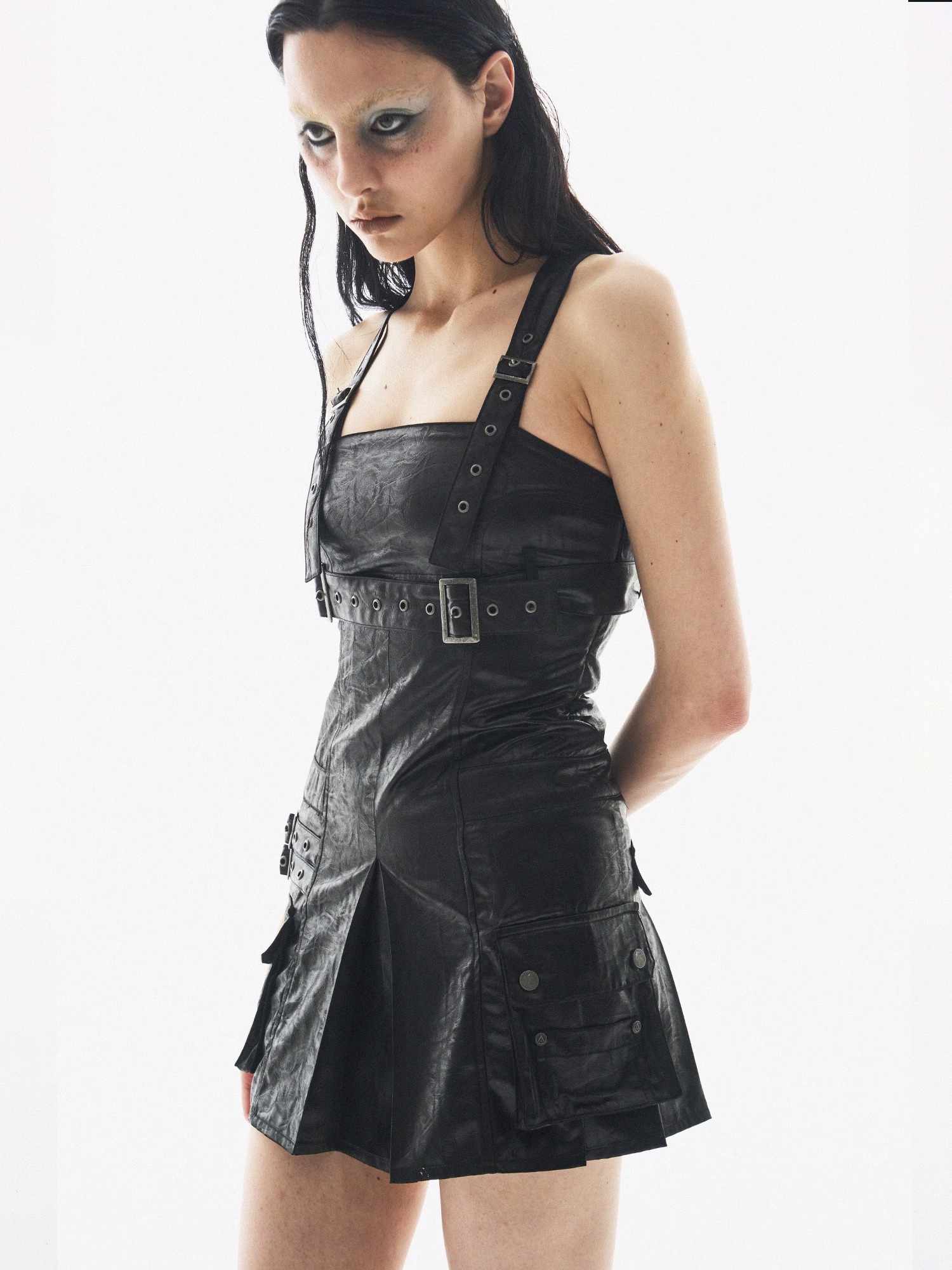 BORON ATOMS 24SS Textured Shiny Adjustable Metal Strap Pleated Dress