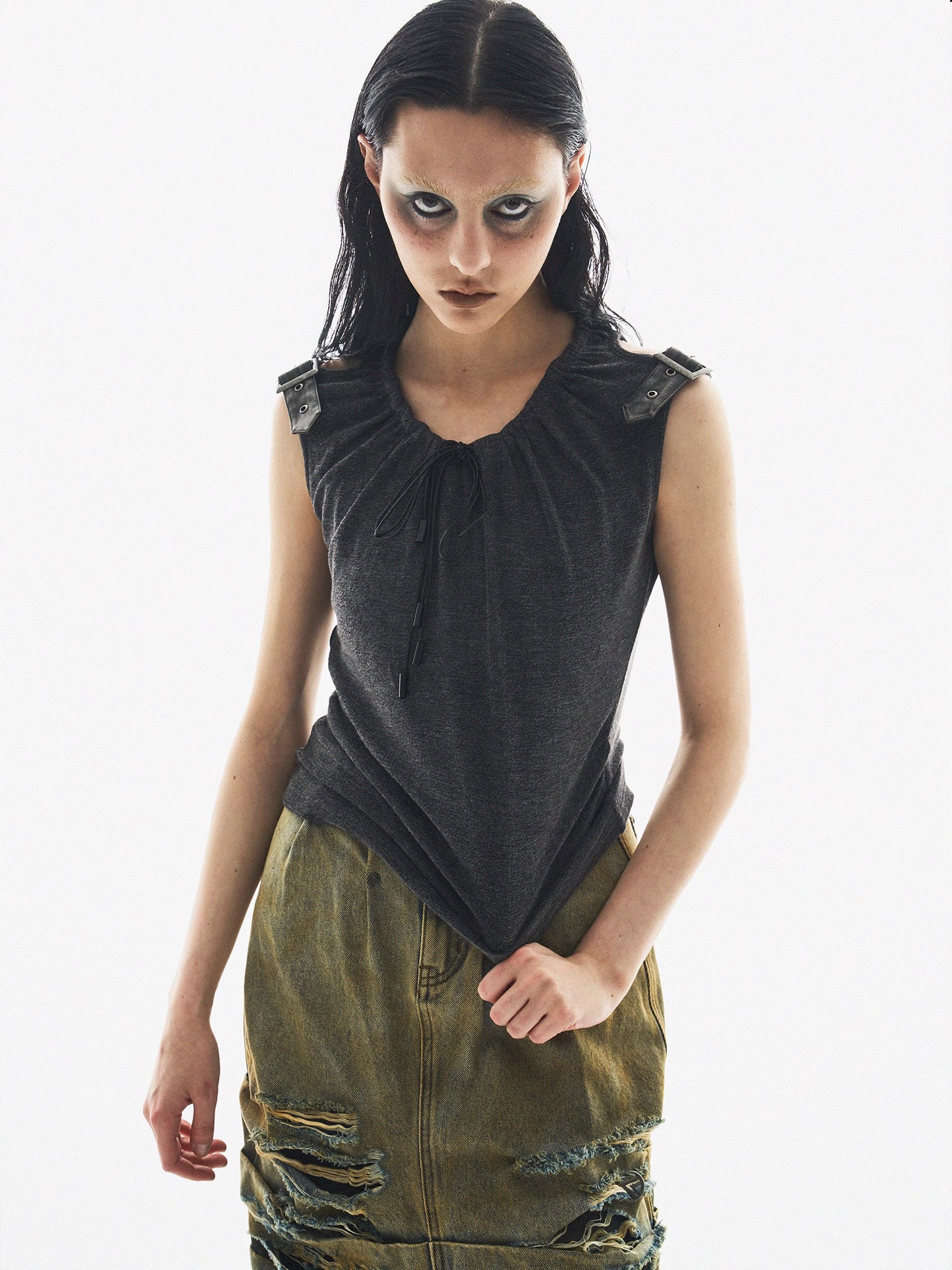 BORON ATOMS 24SS Hand-Dyed Adjustable Leather Buckle Drawstring Two-Tone Sleeveless Tank