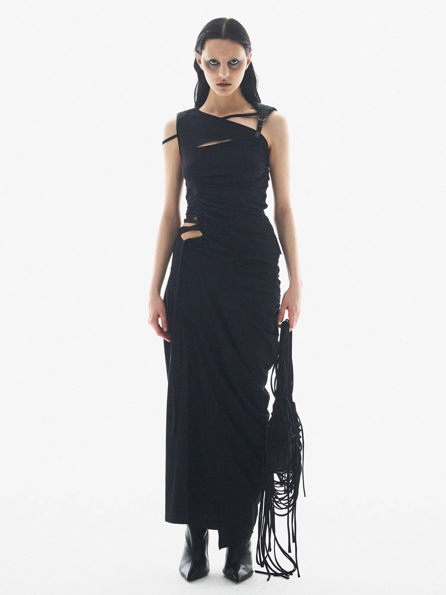 BORON ATOMS 24SS Hollow Ruffle Adjustable Buckle Color-Block Sleeveless Tank