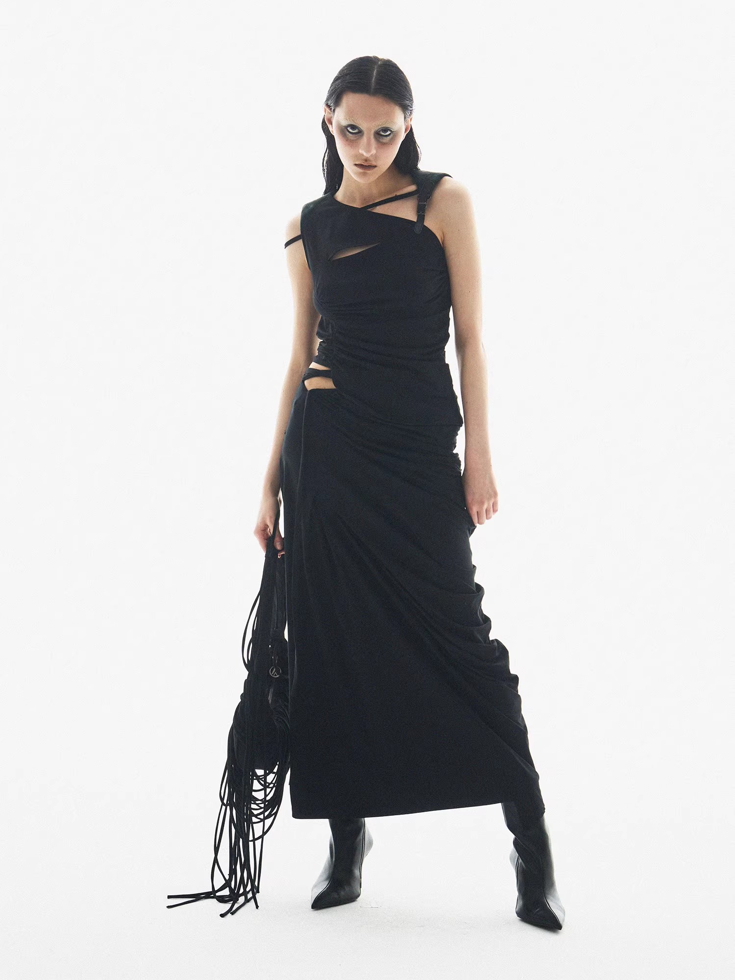 BORON ATOMS 24SS Ruffled Draped Waistband Asymmetrical Long Skirt