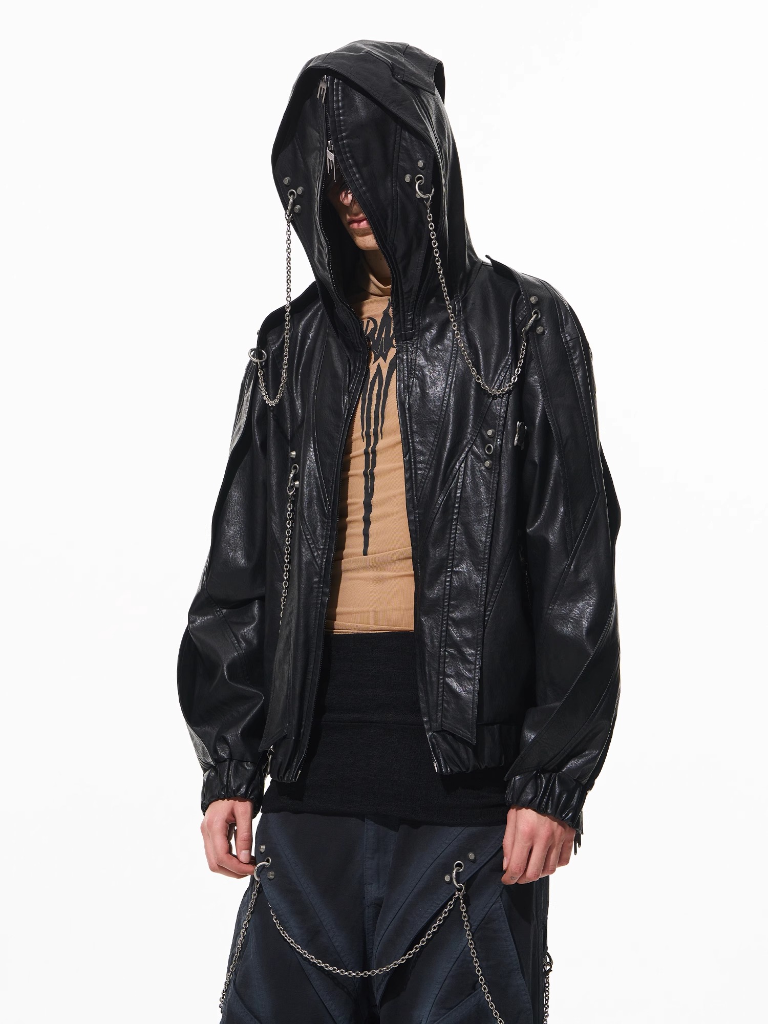 BLINDNOPLAN Metal Chain Decorative Interwoven Multi-Panel Hooded Leather Jacket